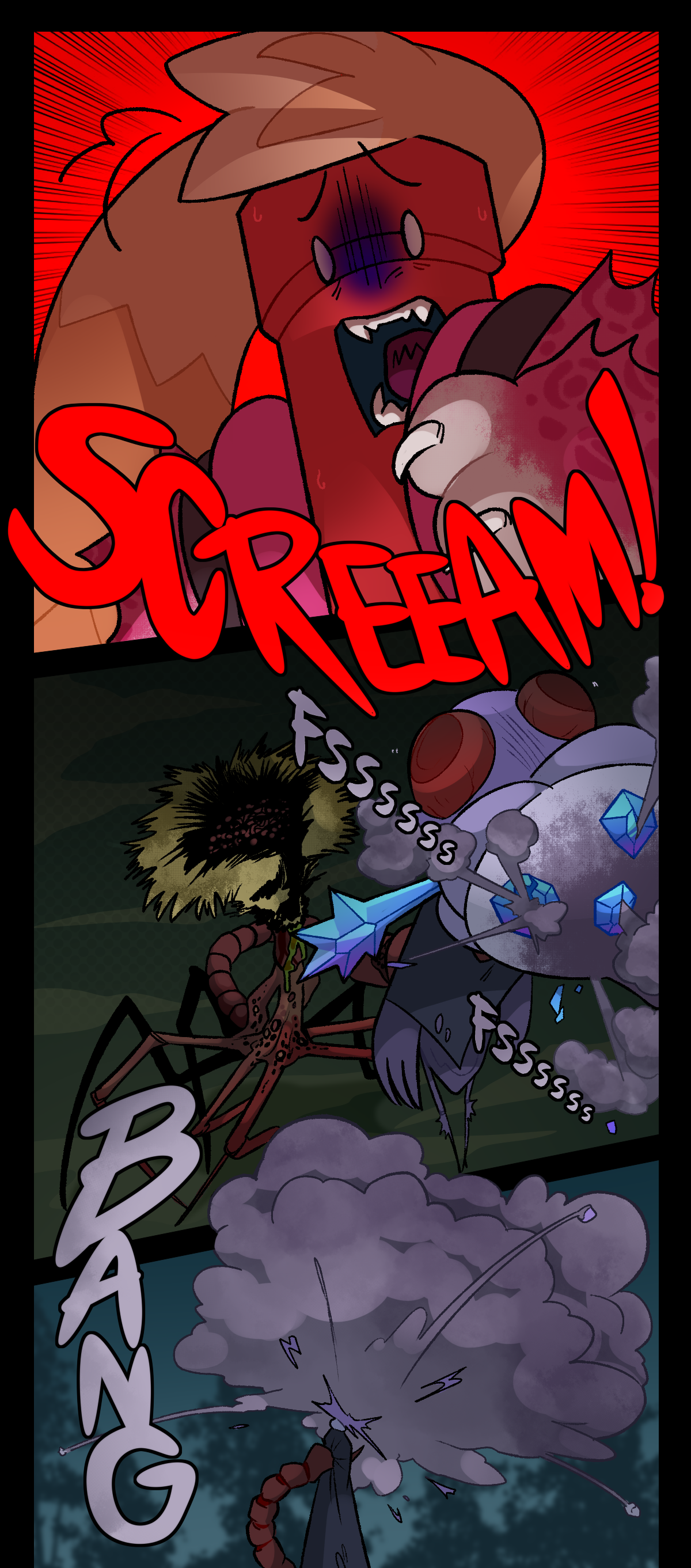 Dynamite screams. Text describes a hissing sound coming from Mushroom's head as it starts to expand. Text says bang as Mushroom's head explodes.