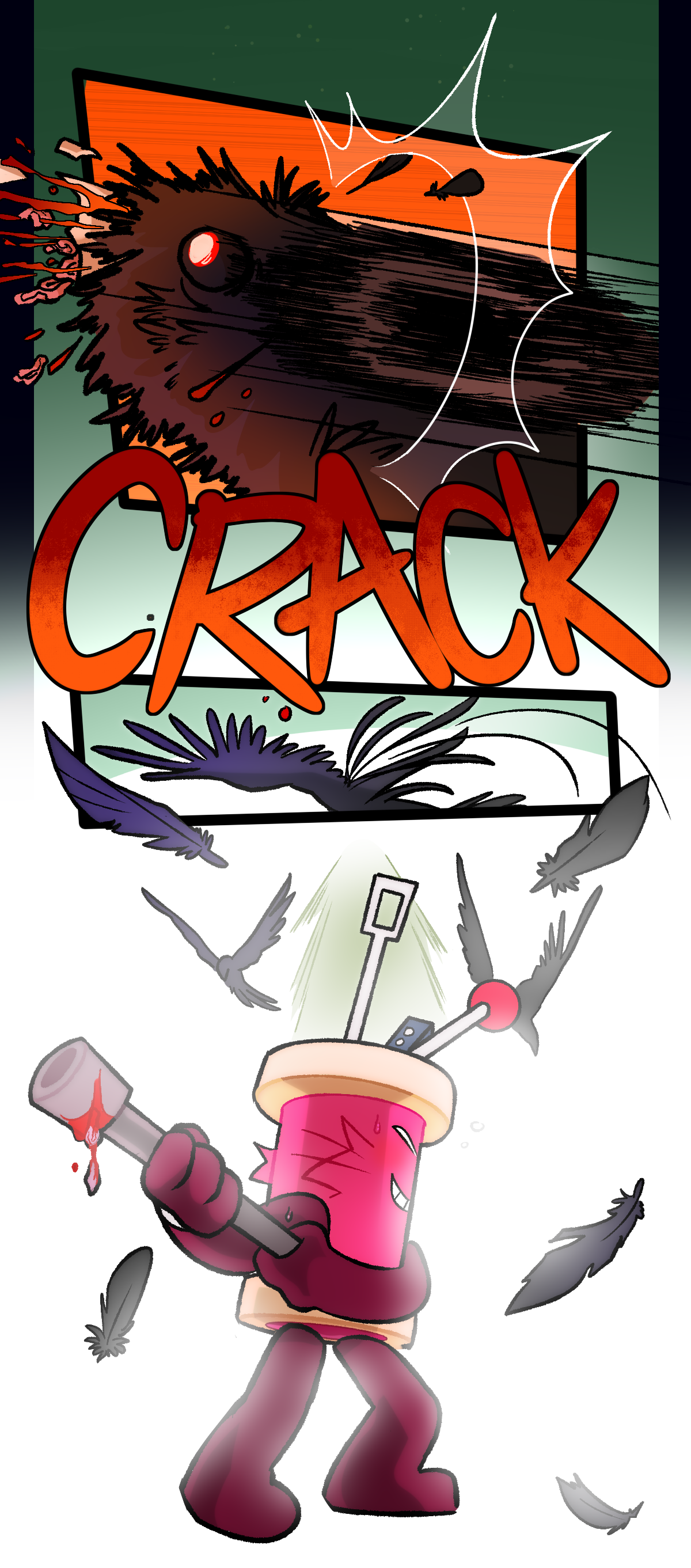 The crow's skull explodes sideways with a loud crack. Spool is seen from Citrus' point of view, shadowed and grinning as they prepare to do the same thing to the other approaching crows.
