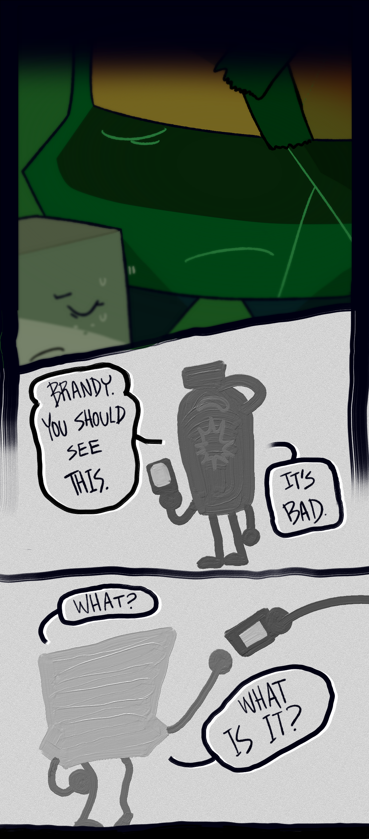Focus shifts to Brandy. Maple Syrup says, Brandy. You should see this. It's bad. Brandy asks, what? What is it? She hands him Minty's phone.