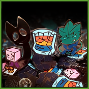 Hard enamel pins of Brandy, Minty, Sugarcube, and Host. Sugarcube and Host are part of the same pin design.