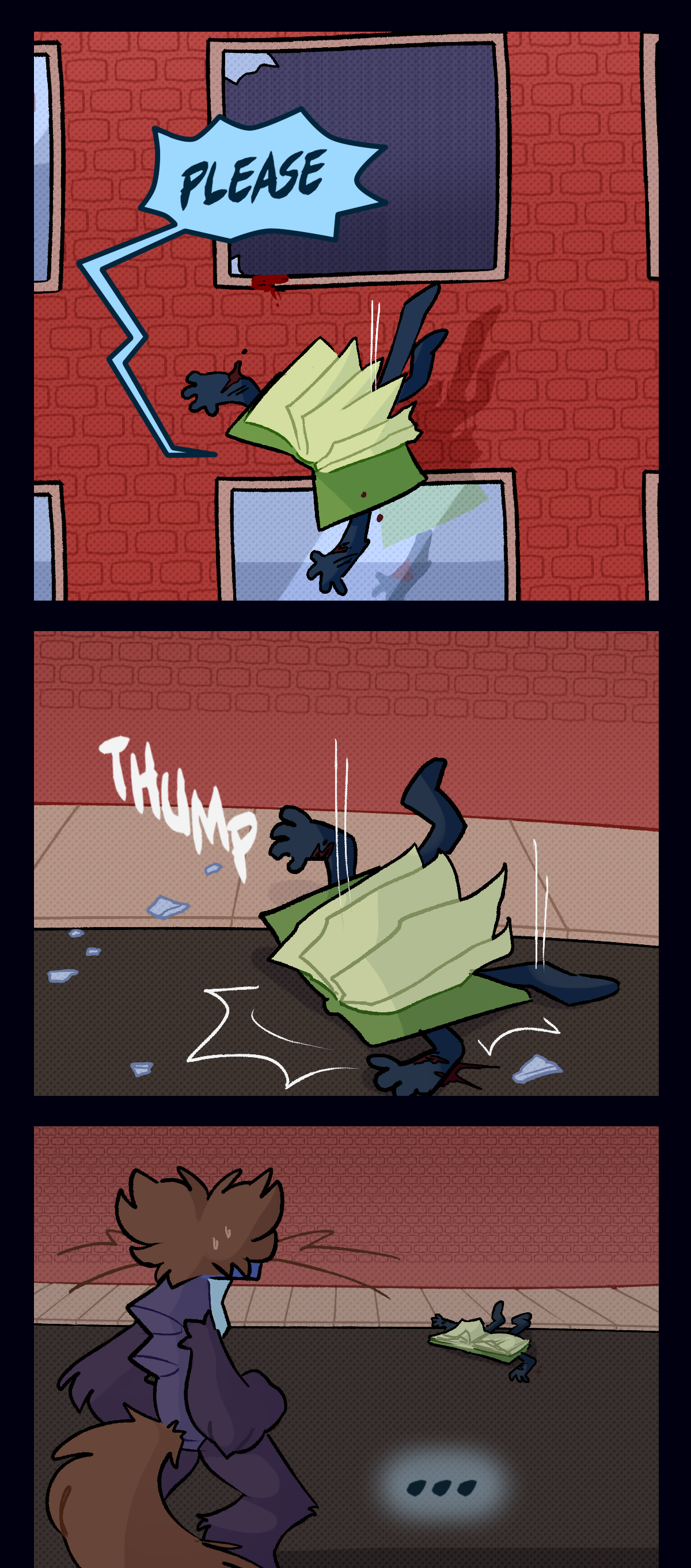 The object falls from the window, screaming again, Please, and they fall several stories down. Sound effect text says, Thump, as they land on the street. Razor doesn't move, sweating nervously as she watches them lie still.