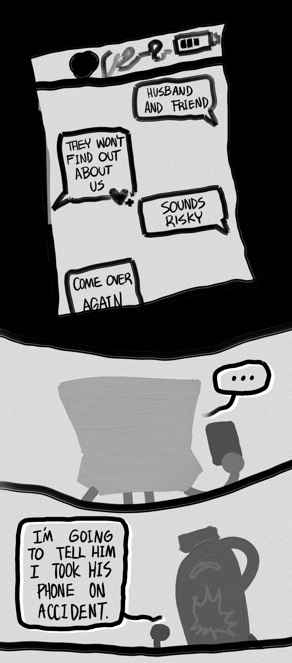 Minty's texts are shown. They say, husband and friend. A stranger says, they won't find out about us. Minty texts, sound risky. The stranger says, come over again. Maple Syrup says, I'm going to tell him I took his phone on accident. 