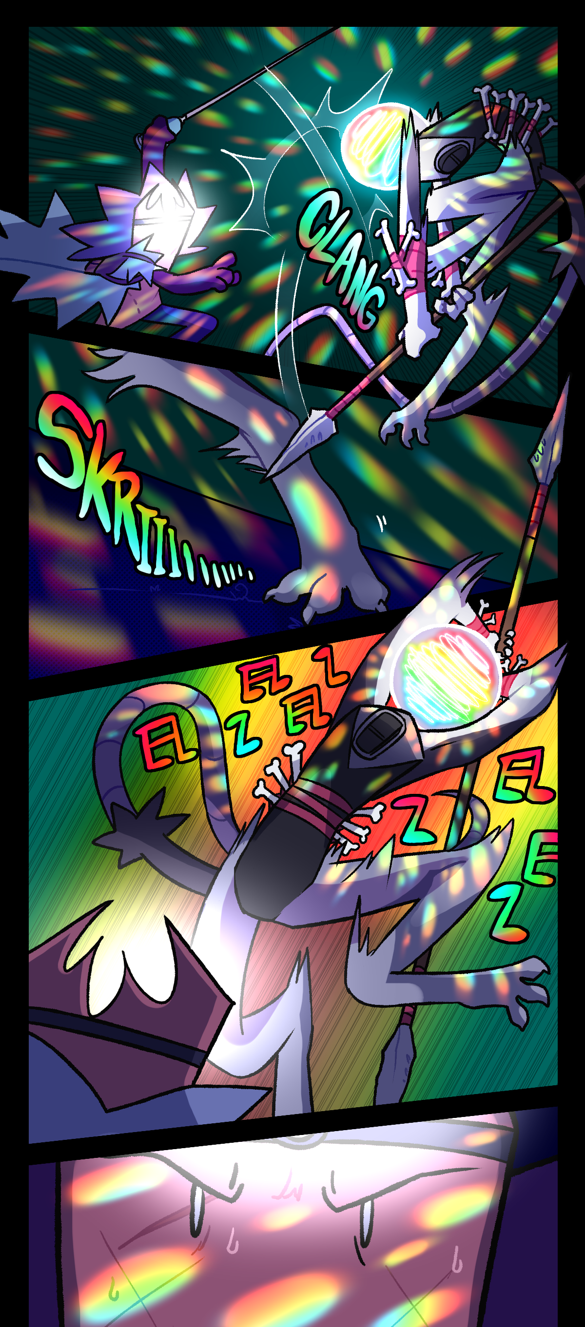 Gum and Wanda start fighting. Text says clang when their weapons clash and describes the sound of Wanda's foot digging into the floor as she's pushed backwards.