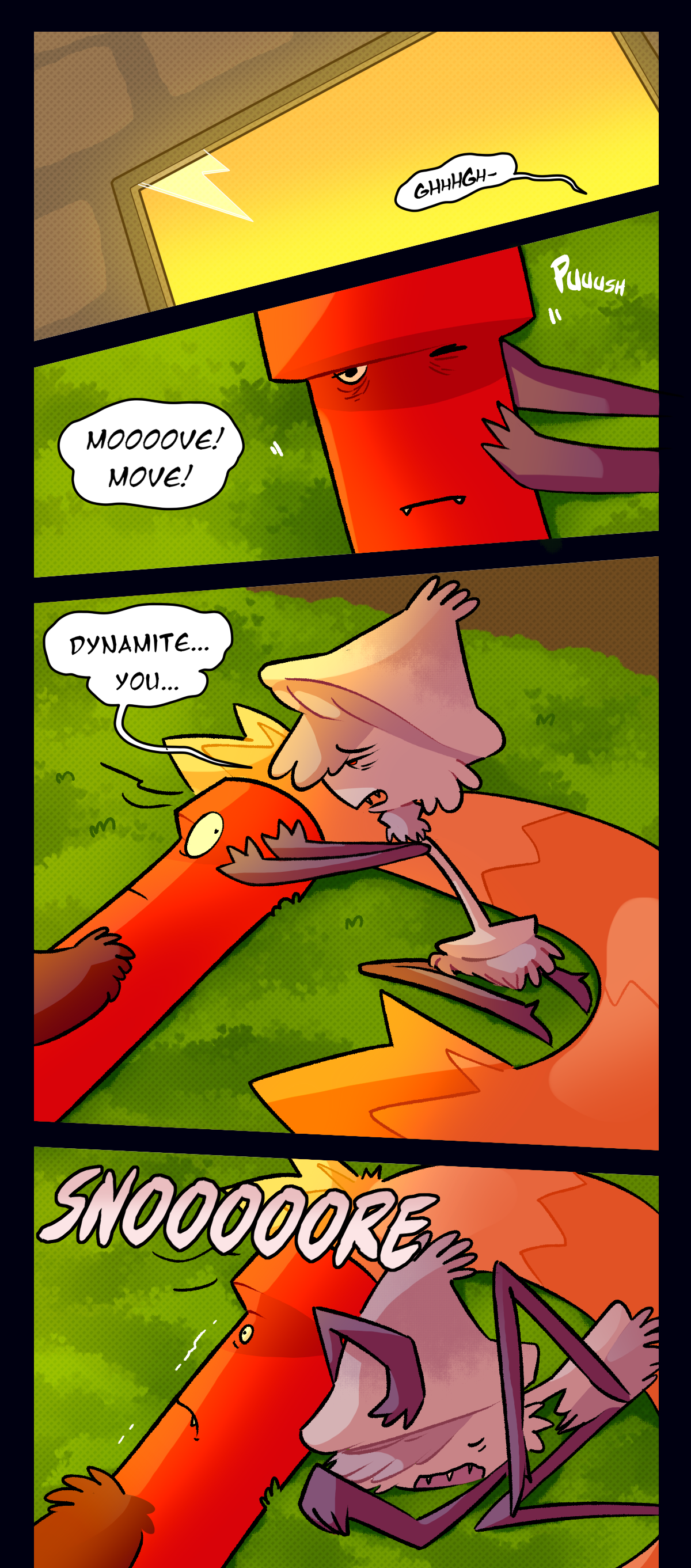 Hyphal knot groans. Hyphal knot pushes on Dynamite's face, waking him up. She says Mooove! Move! Dynamite, you. Hyphal knot suddenly passes out next to him in her bed, snoring.