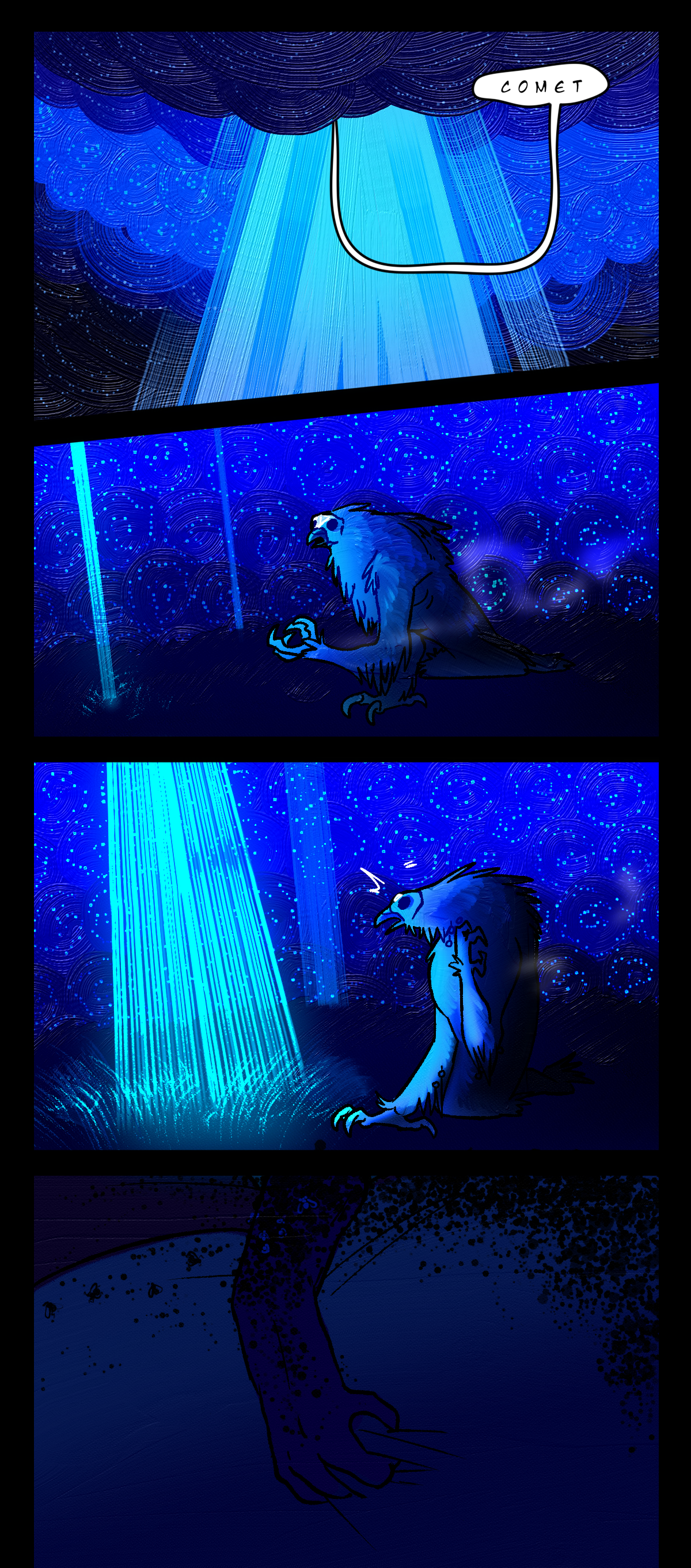 Where the clouds have parted in the sky, a beam of light shines down. A voice calls from the clouds, saying, Comet. The Nightcrawler stares forward, before a new beam of light appears right next to it. The Nightcrawler flinches, leaning away from the light. In the tent, Comet's arm can be seen. Her body is obscured by a swarm of flies.