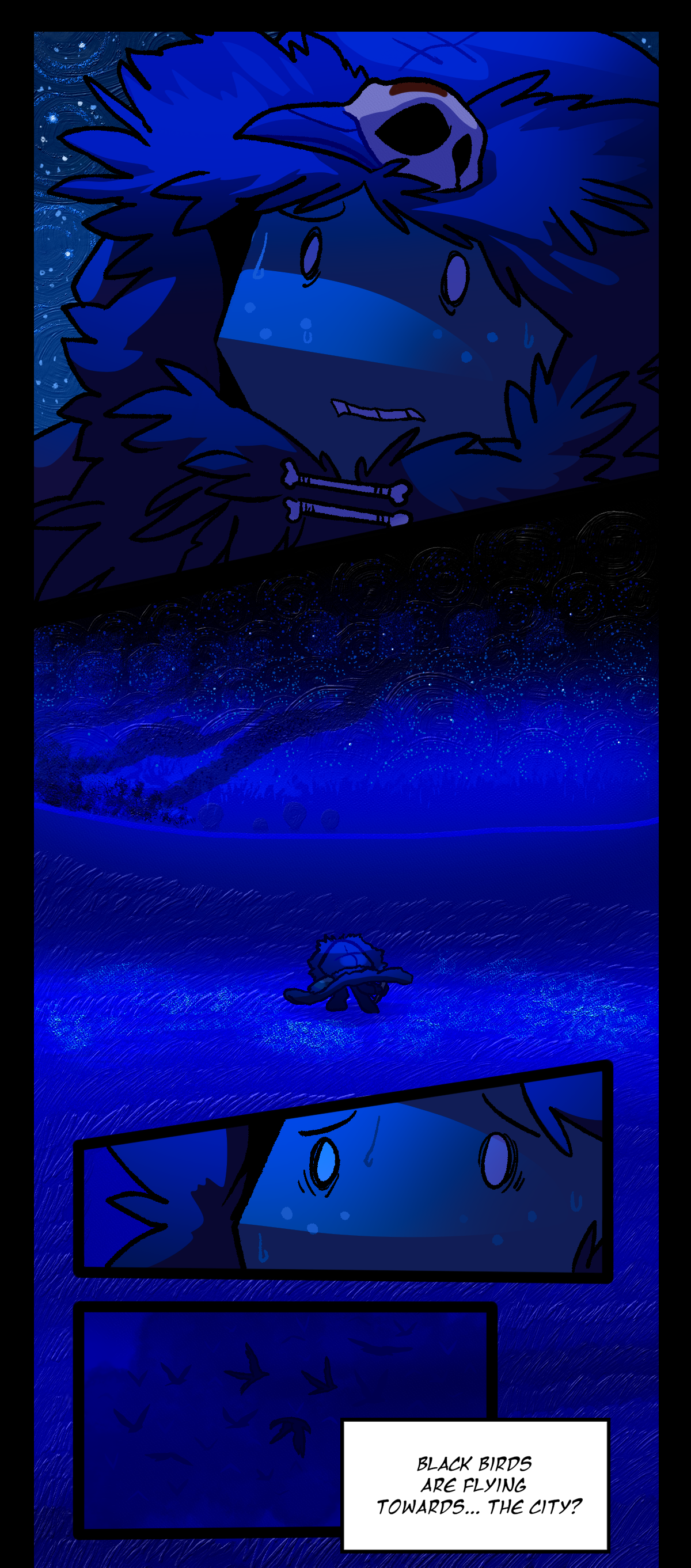 Terrified, they look up at the sky as a massive flock of crows flies towards the rings, thinking to themself, Black birds are flying towards, the city?