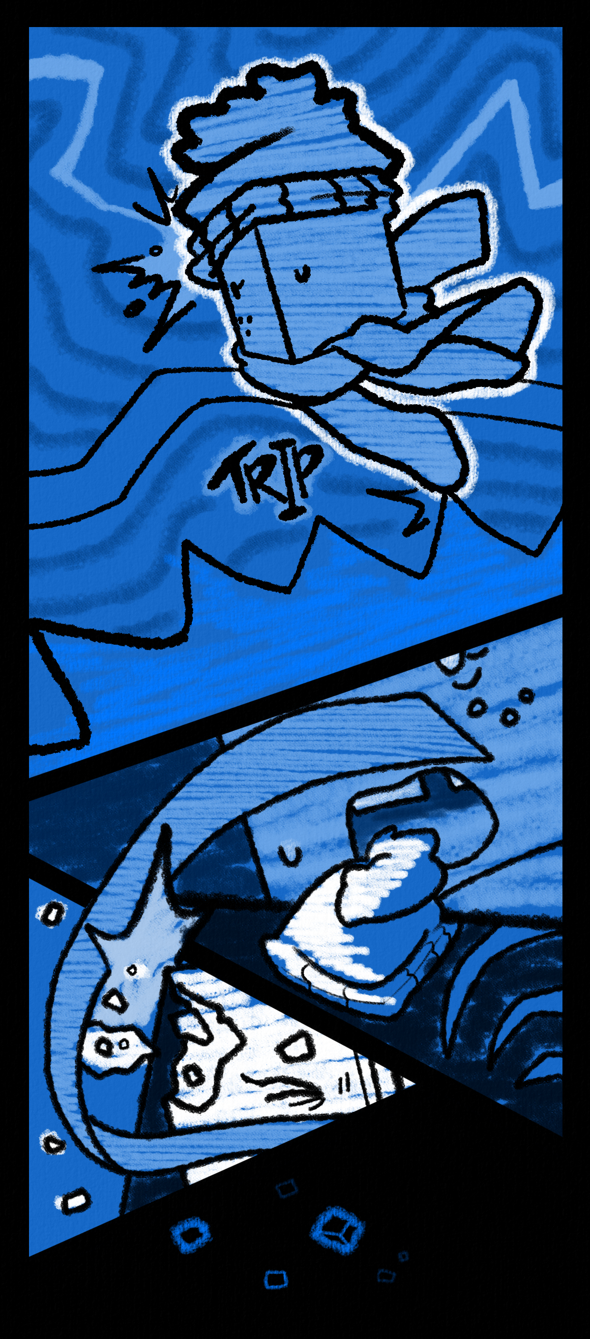 She trips on the stairs. Text says trip. A short compilation follows where Sugarcube falls down the stairs, injuring herself. Part of her object breaks off in a large chunk, and she loses her clothes.