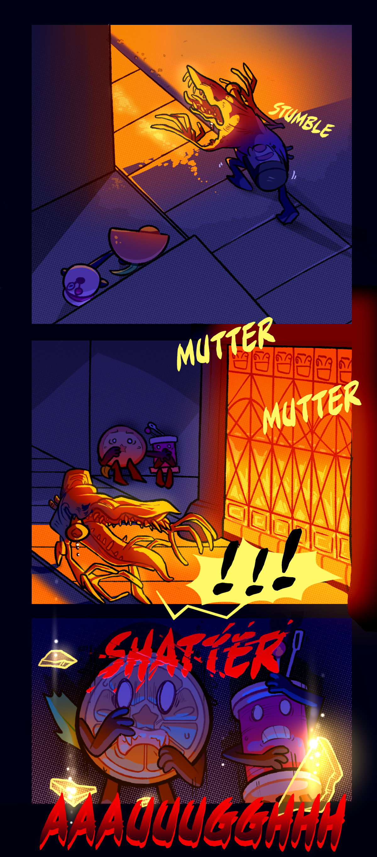 Text says stumble. Other text repeats the word mutter coming from inside the bar. The mutated object hears the bar patrons and attacks by breaking through the glass window.  Text says shatter and makes the sound of screaming.