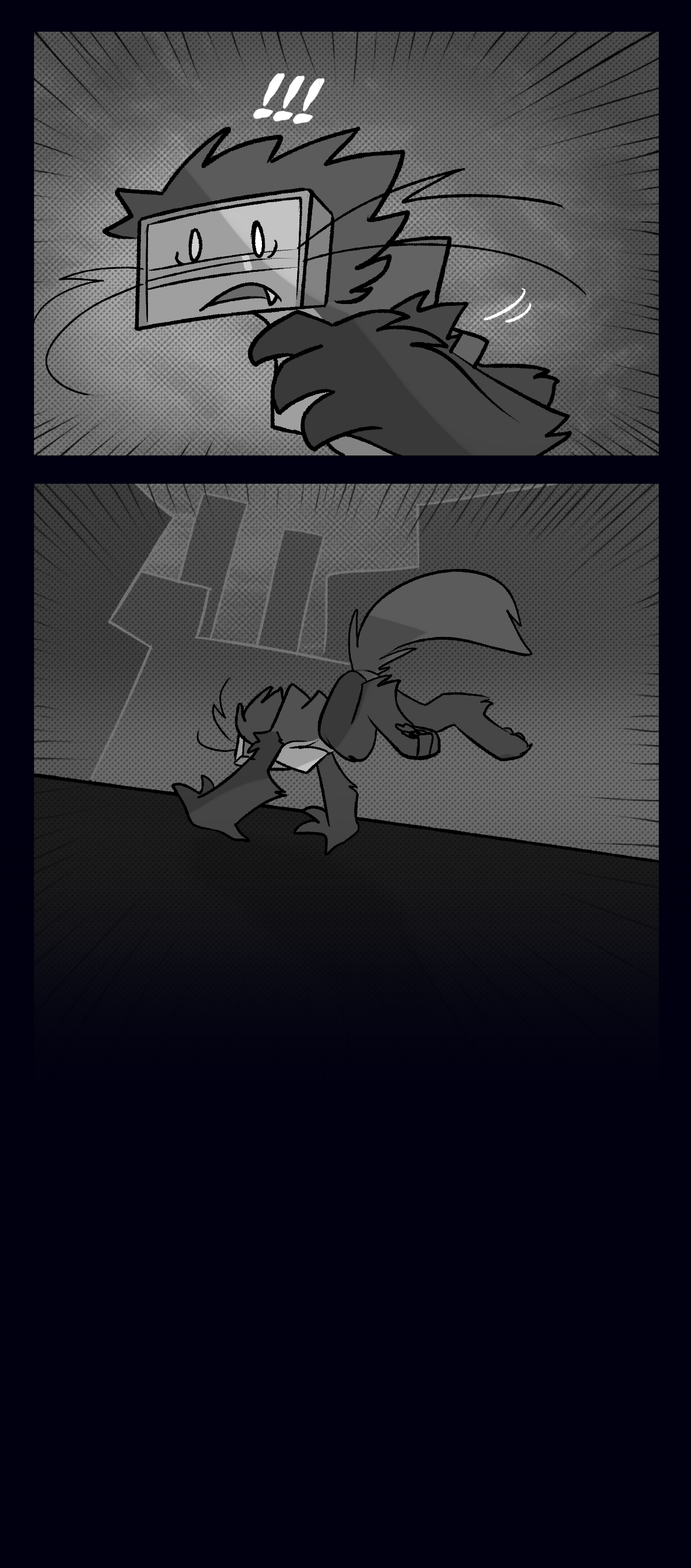 Razor quickly turns away, shocked and afraid, and runs away on all fours further into the city.