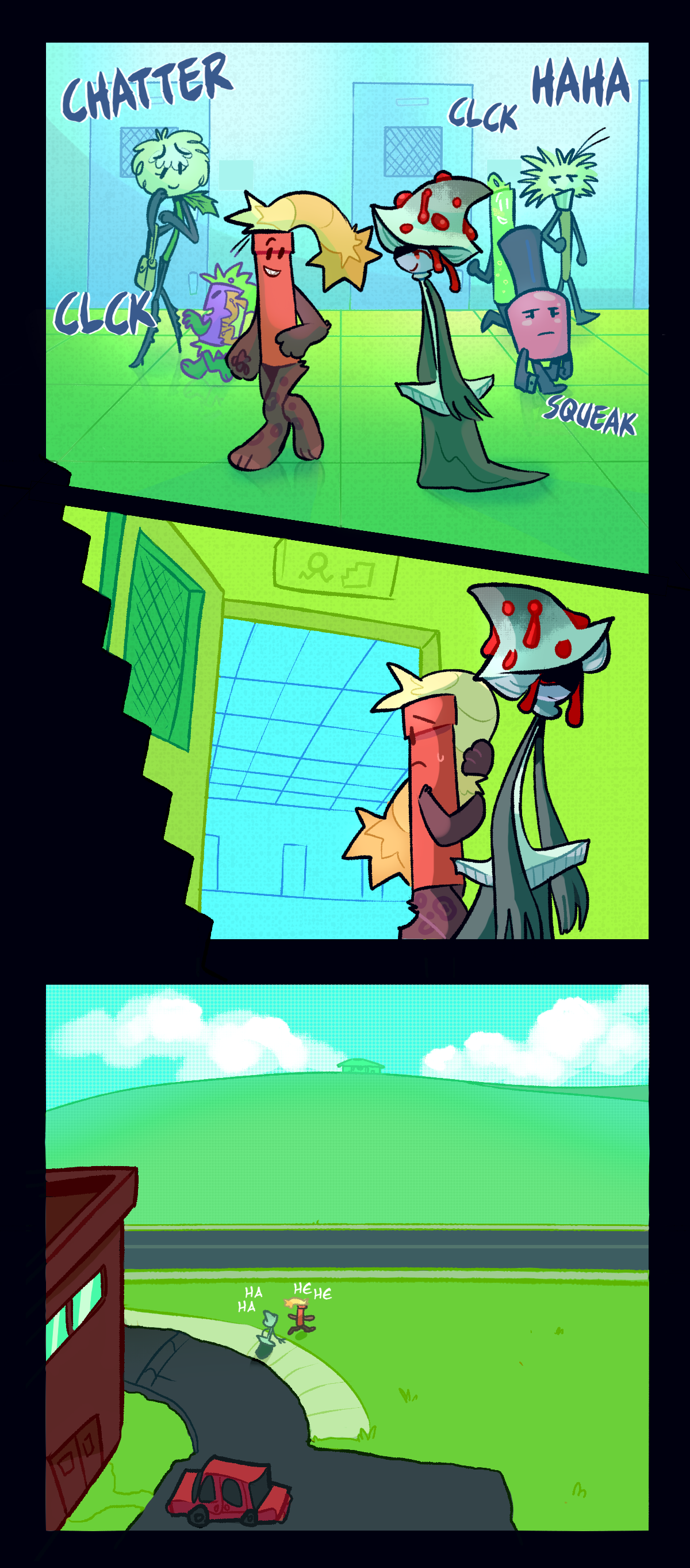 Text in the hallway reads clack, shatter, haha, and squeak. Mushroom and Dynamite sneak out of the building together giggling and run up a hill towards a park.