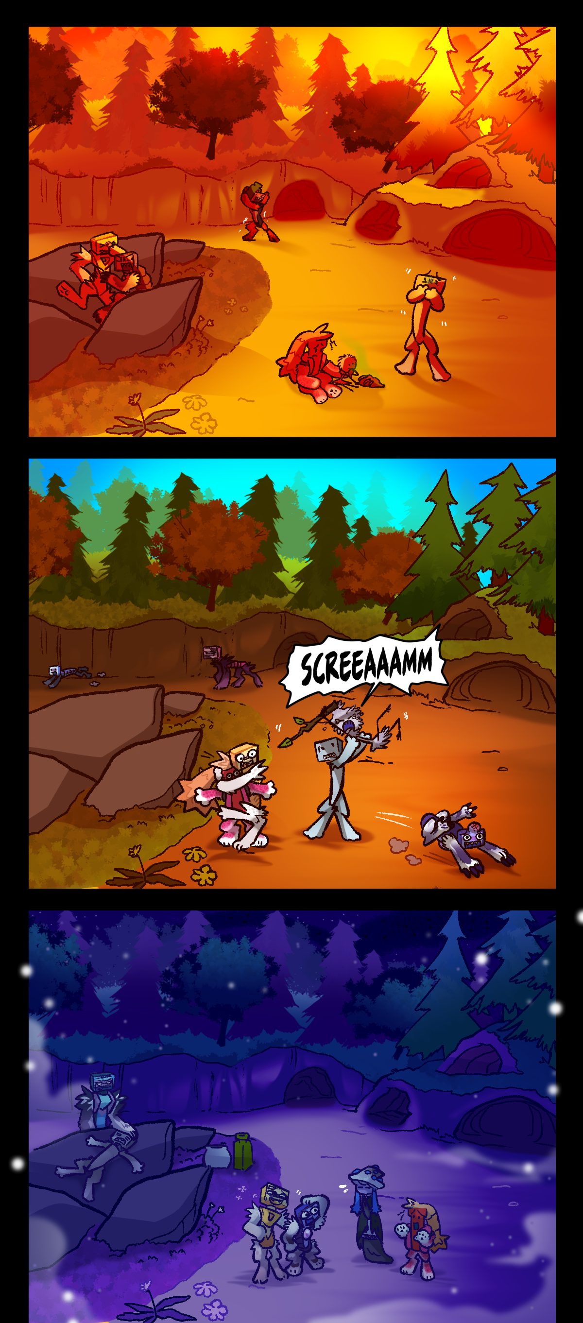 The next few panels show the next few days in camp as Mushroom regrows. First, Dynamite sits next to the spore as she eats a rotting animal. Beside them, Bic covers their mouth, nauseous, while Venus and Schick act grossed out. In the background, Gil can be seen struggling to carry a water jug across the camp. Next, Bic lifts a screaming and crying hyphal knot as she holds a large branch over her head, Venus clinging to Dynamite as Schick runs away with a big bruise on his head. In the background, Dolly and Billie can be seen moving across the camp. Finally, in the last panel, Mushroom is fully grown again and apologizing to Venus and Schick with Dynamite's help. In the background, Harry rests a paw on Gil's head as Gil lies exhausted on a rock. In the sky, massive flocks of crows can be seen flying overhead.