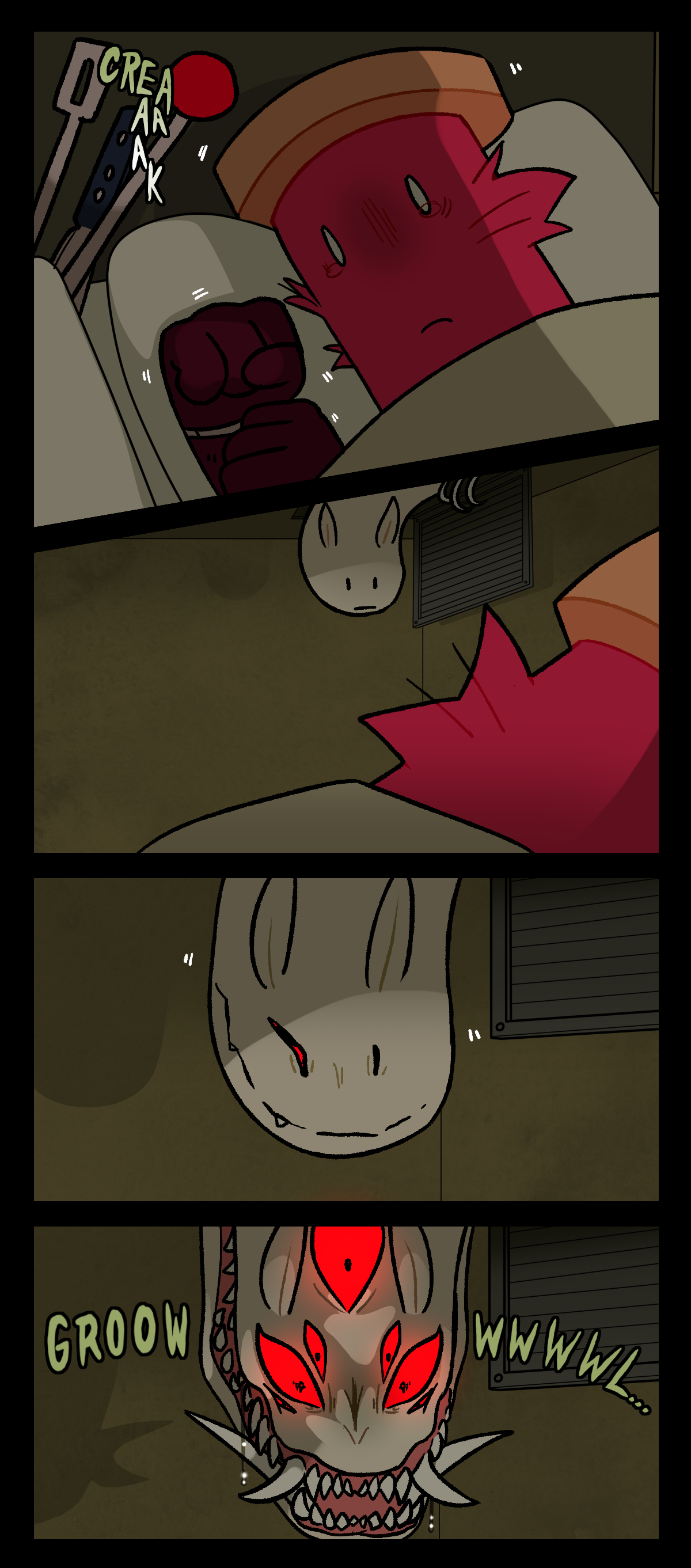 Text says creak as Bodypillow poked his head out of the vent in the ceiling. His face contorts as he opens his eyes and mouth. He growls as he stares down at Spool.