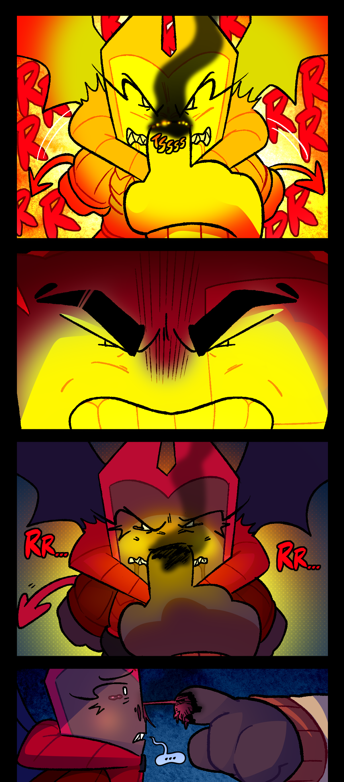 Peanutbutter's finger is on fire as she presses it into Dragonscale's face. Dragonscale's tail lashes as she continues growling. Peanutbutter stands her ground, glaring back at them. Dragonscale's glow begins to fade, as well as her growl and her angry expression. When she returns to normal, Peanutbutter pulls her hand away from her face. Her skin comes off, her finger still smoking. There are tears in Dragonscale's eyes as she stares forward.