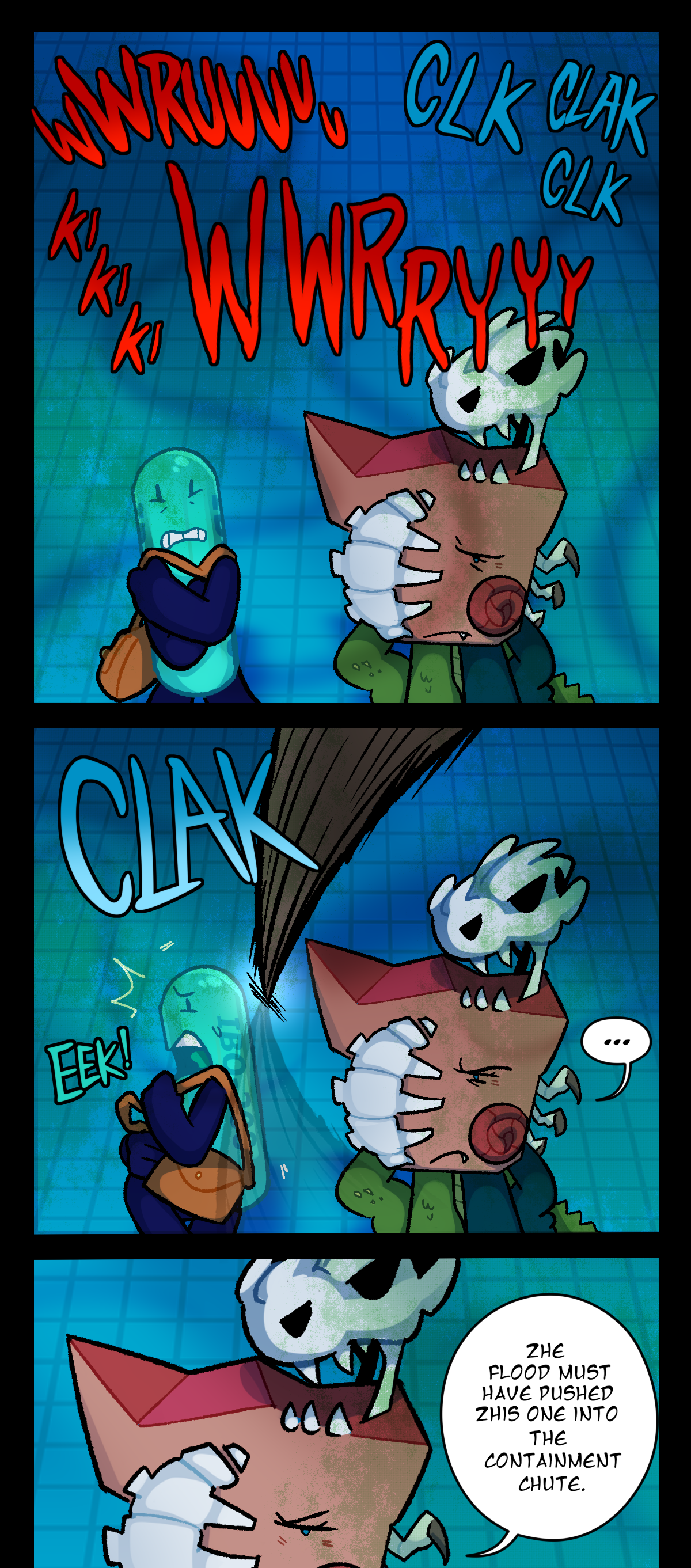 The lab room is filled with the sounds of an assimilated object's noises and the sound of strong thick glass being hit. The assimilated object tries to attack Painkiller, hitting the glass instead. It makes a loud clack sound. Painkiller flinches and says eek. Fossil squints her eye at the assimilated object. Fossil says, The flood must have pushed this one into the containment chute.