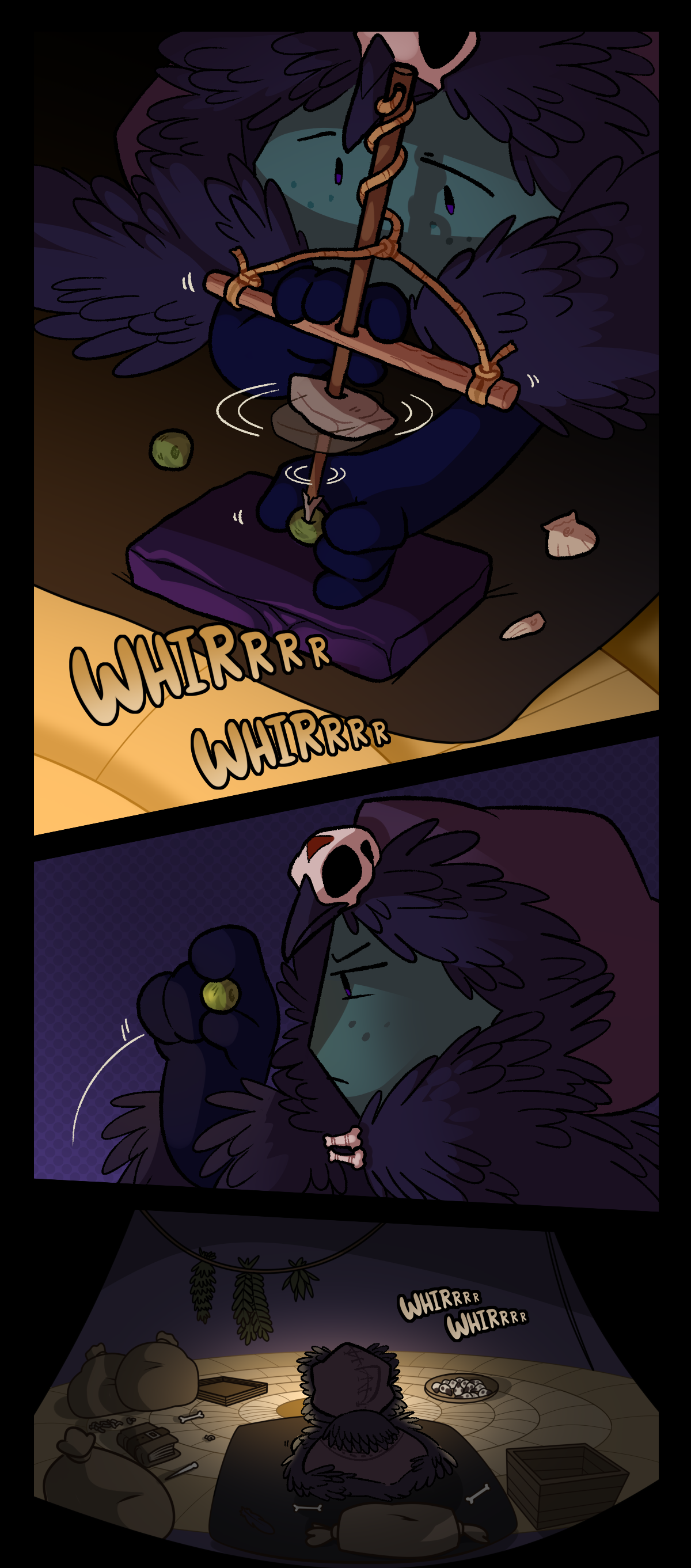 Comet uses a pump drill to make beads. Text says whir. Comet picks up and inspects the hole in a bead closely before going back to using the drill.
