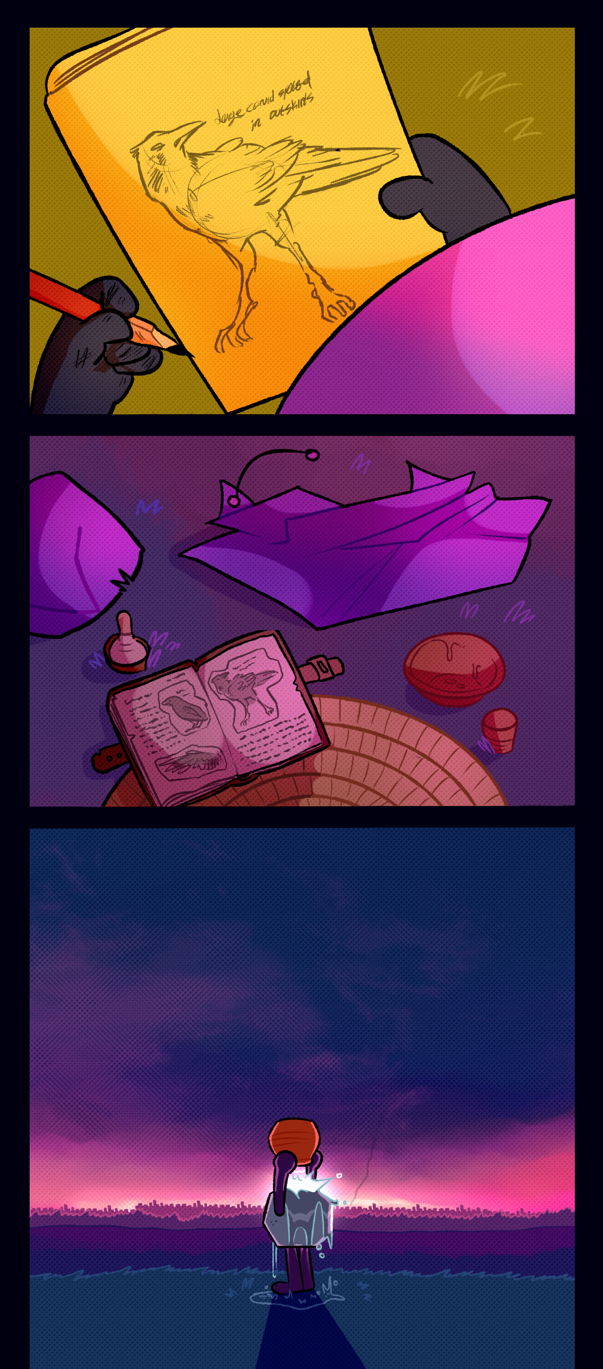 A shot from over Comet's head shows that Comet is sketching the crow, with an annotation next to it on the page saying, Large corvid spotted in Outskirts. The next panel shows it's a little later, with the sun almost gone over the horizon, Comet's dinner eaten, their sketch and other notes glued into a leatherbound notebook, and their cloak and hat discarded on the grass. The next panel shows them standing in front of the almost-set sun, dumping a large pot of soapy water over themself.