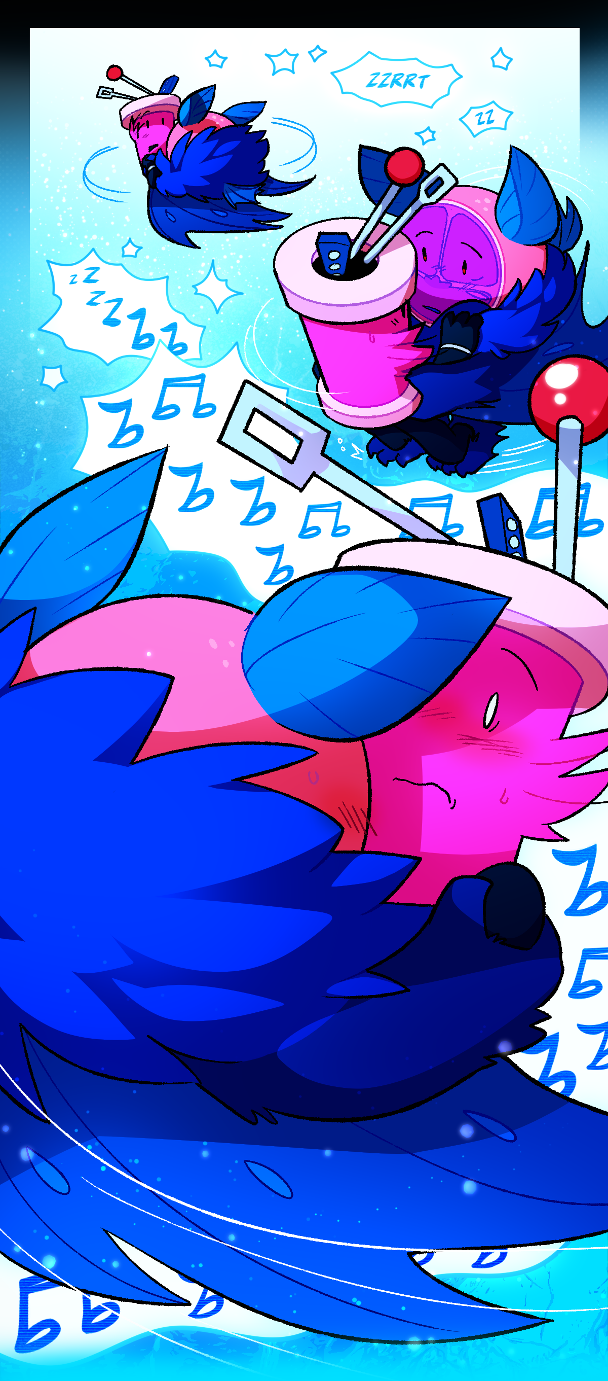 As the two are spinning, gradually, the static turns into music. Both characters are flustered.