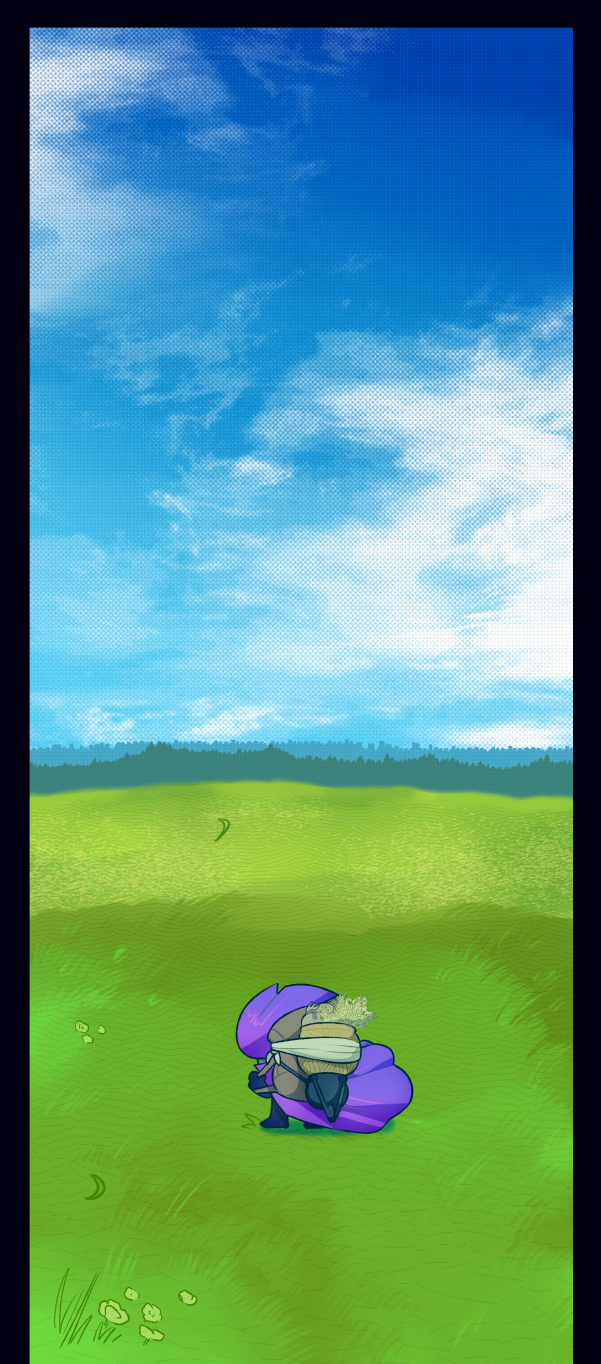 A sunny, cloudy blue sky pans down to the lush green valley of the Outskirts, where Comet is standing with their backpack on and staring towards the distant city. The wind blows at their cape and hat.
