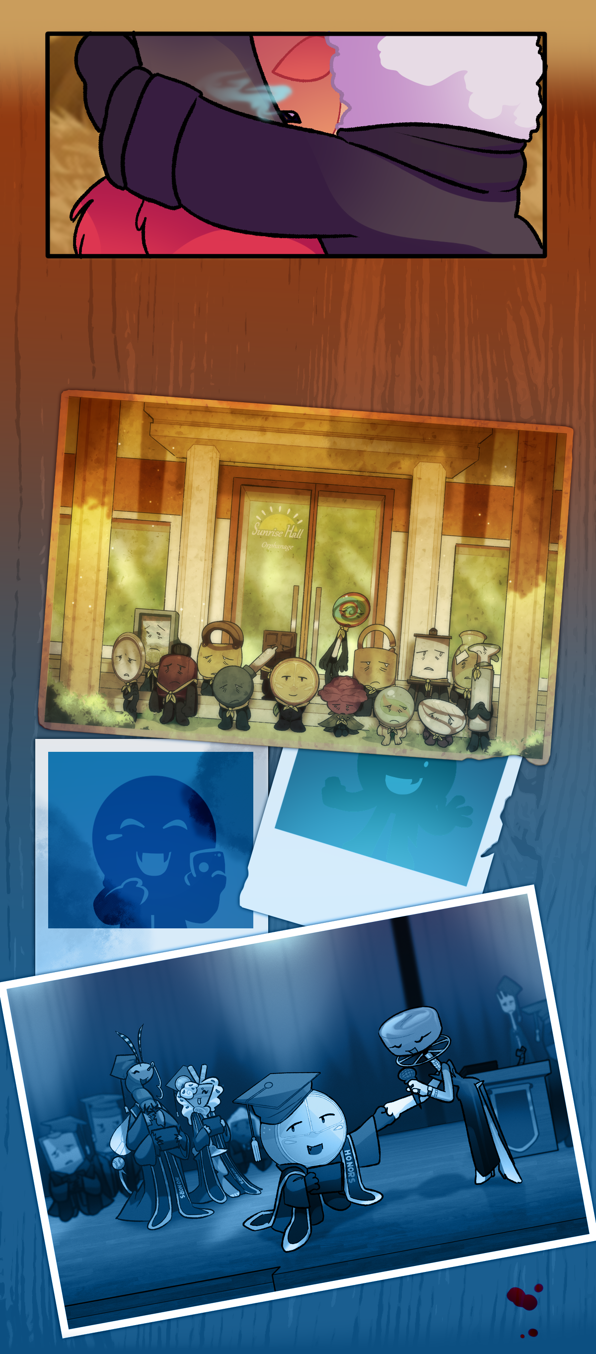 In a closer shot, Citrus can be seen feeding from her life force. As the page goes on, some photographs can be seen laid out on a table that slowly becomes bluer and desaturated. In the first photograph, Citrus can be seen standing in the center of a group of young boys at the Sunrise Hall orphanage. The boys around him look exhausted. There are a few polaroids of Citrus taking photos of himself, and underneath them is a graduation photo where Citrus is wearing Honors Society robes. Two girls are also in honors, and behind them are many exhausted looking male students. Citrus shakes the principle's hand as he takes his diploma and smiles at the camera. In the bottom corner of the page, on the table, is a spatter of blood.