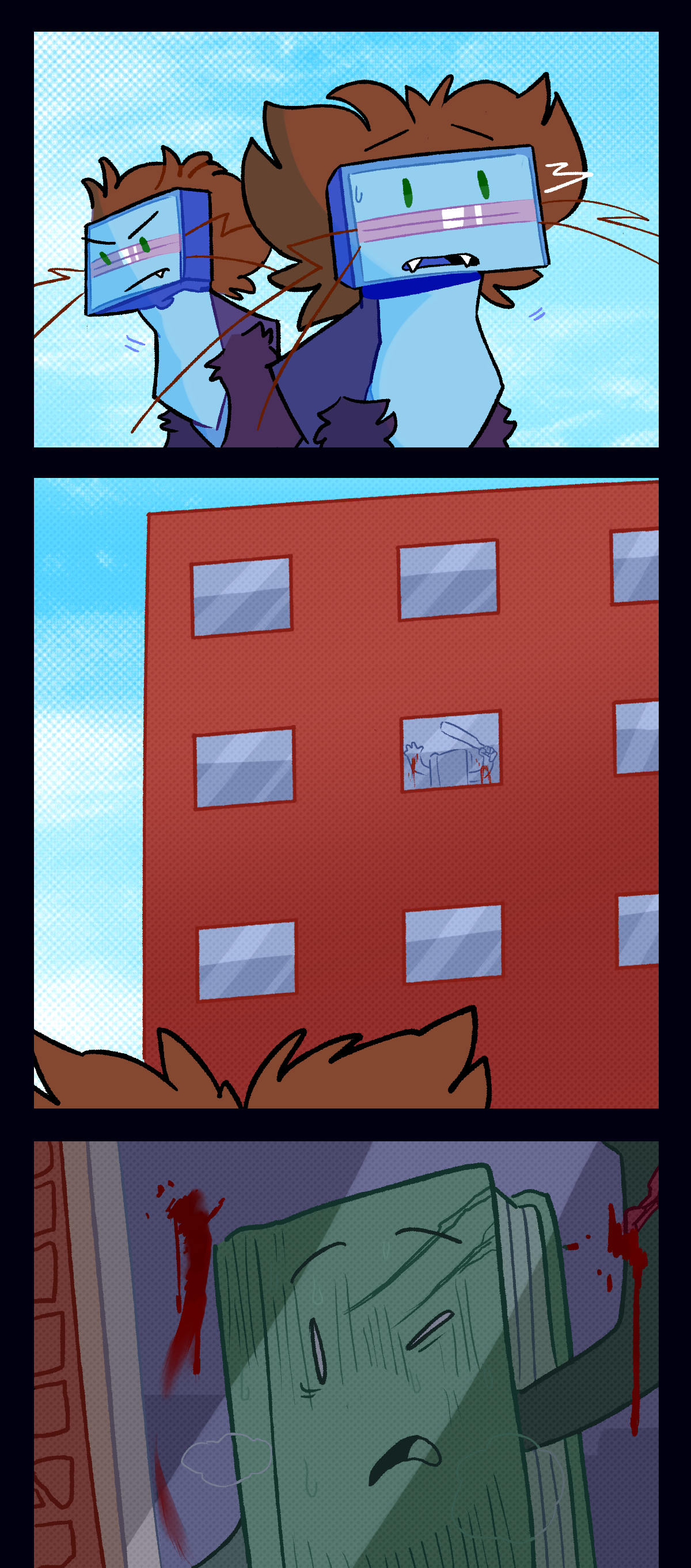 Annoyed, she almost looks away, before suddenly noticing something in an upper window of one of the nearby buildings. A book object is pressed against the glass, gashes in their cover and bleeding from wounds on their wrists. They are holding a bat in one hand, panting heavily, and as Razor notices them, they notice her too.