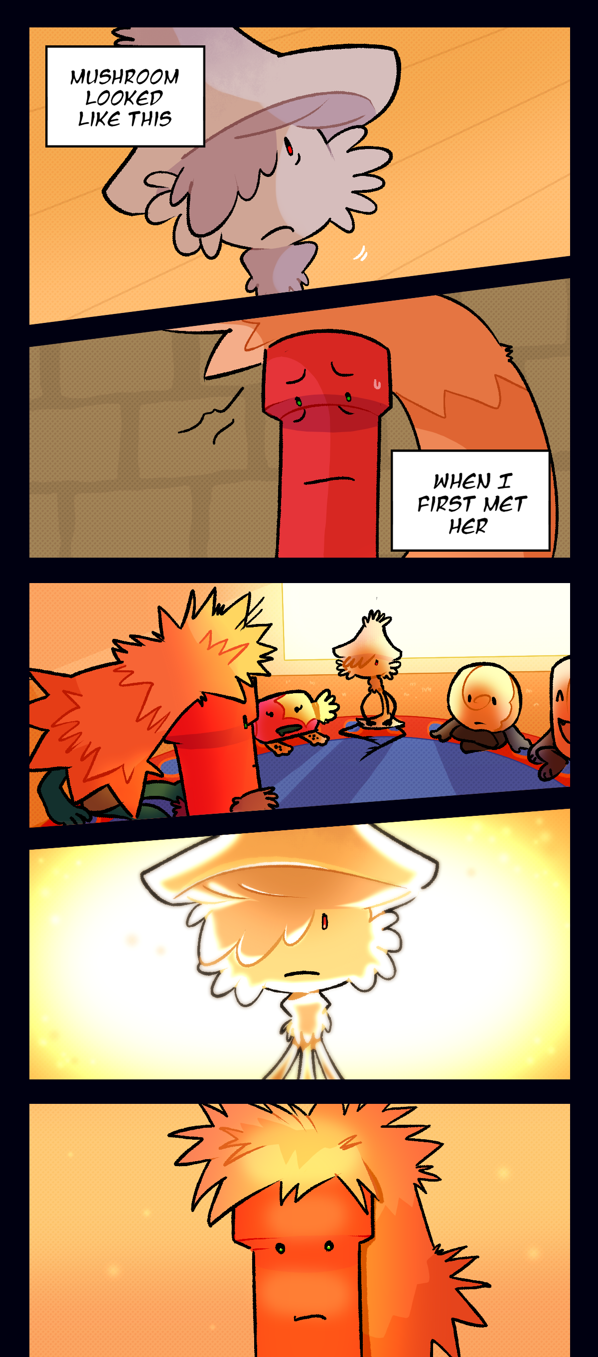 Dynamite thinks to himself, Mushroom looked like this when I first met her. Flashback to Dynamite and Mushroom meeting for the first time in a classroom, where they look at each other.