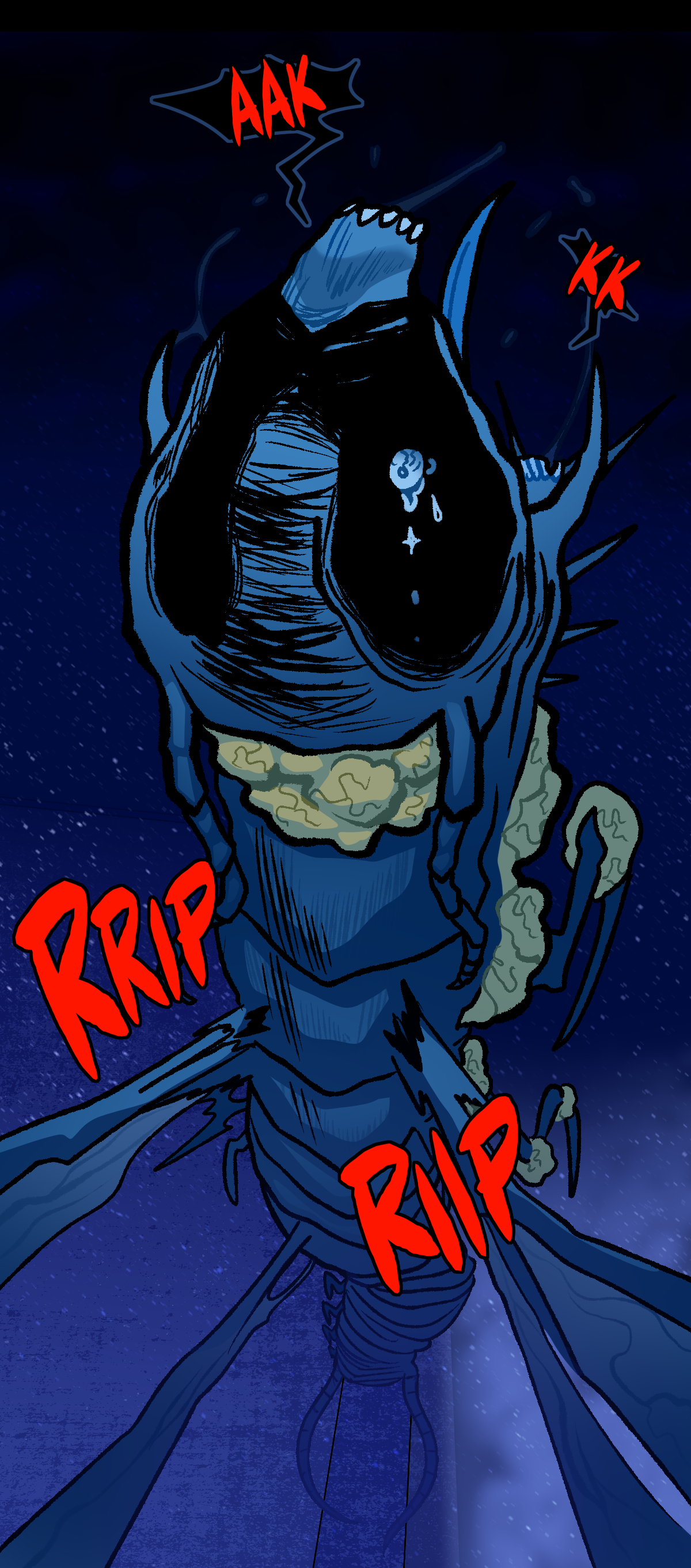Hokkaido chokes in his new form as he cries and insectoid wings tear from his body. Text describes the sound of his flesh tearing and expanding.