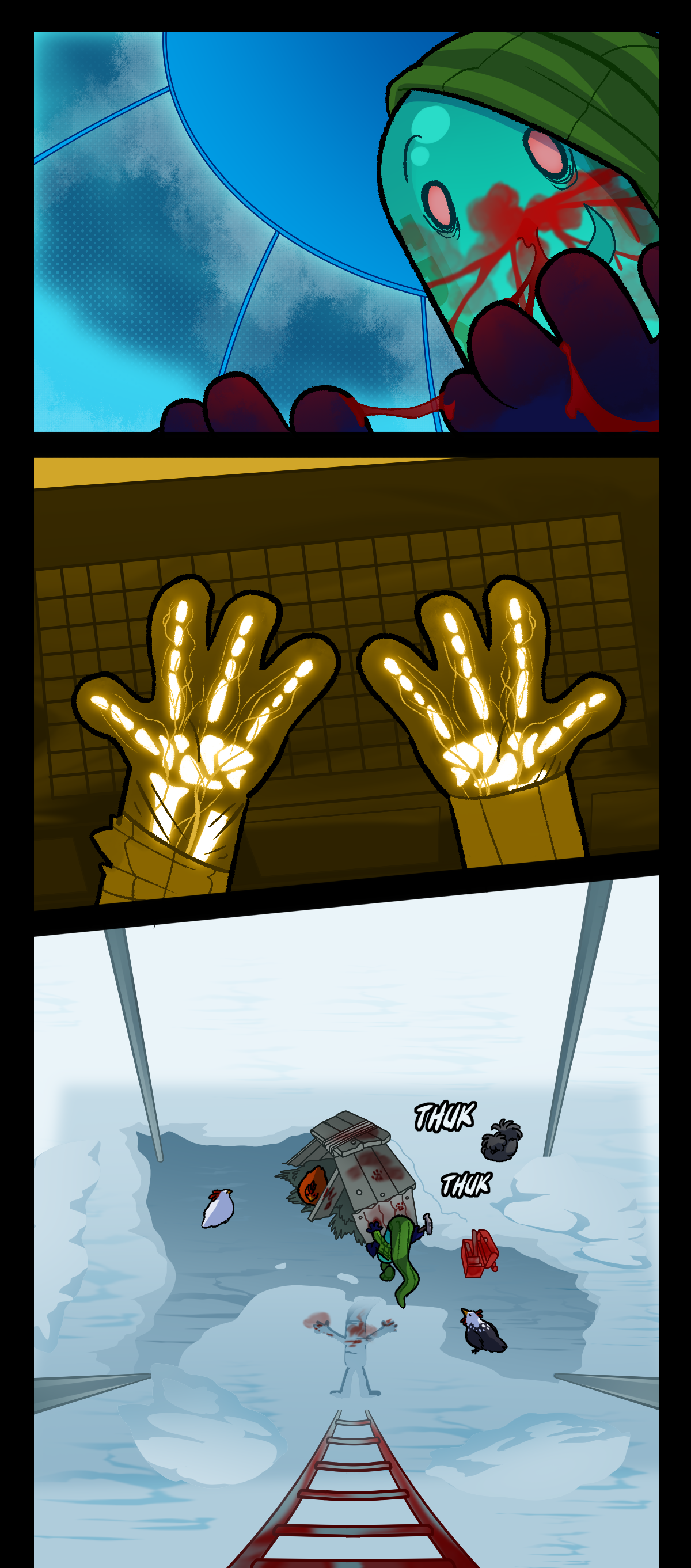 Painkiller smiles, looking down at their hands. From their colorblind point of view, everything is a muddy yellow. Painkiller's bones and nerves are visible through their hands. In the next panel, Painkiller is expanding the chicken coop with scrap. The coop and ladder are now covered in blood, as well as a Painkiller shaped spot on the ground. Text says thuk thuk to describe the sound of hammering.