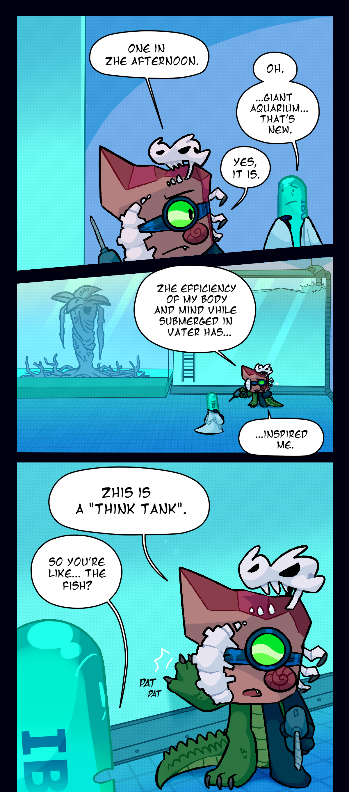 Later, in the lab, alongside bangs and drilling sounds, the elevator dings. Painkiller exits in a bathrobe, rubbing their eyes and saying, Ugh. What's all that noise? You woke me up, what time is it?