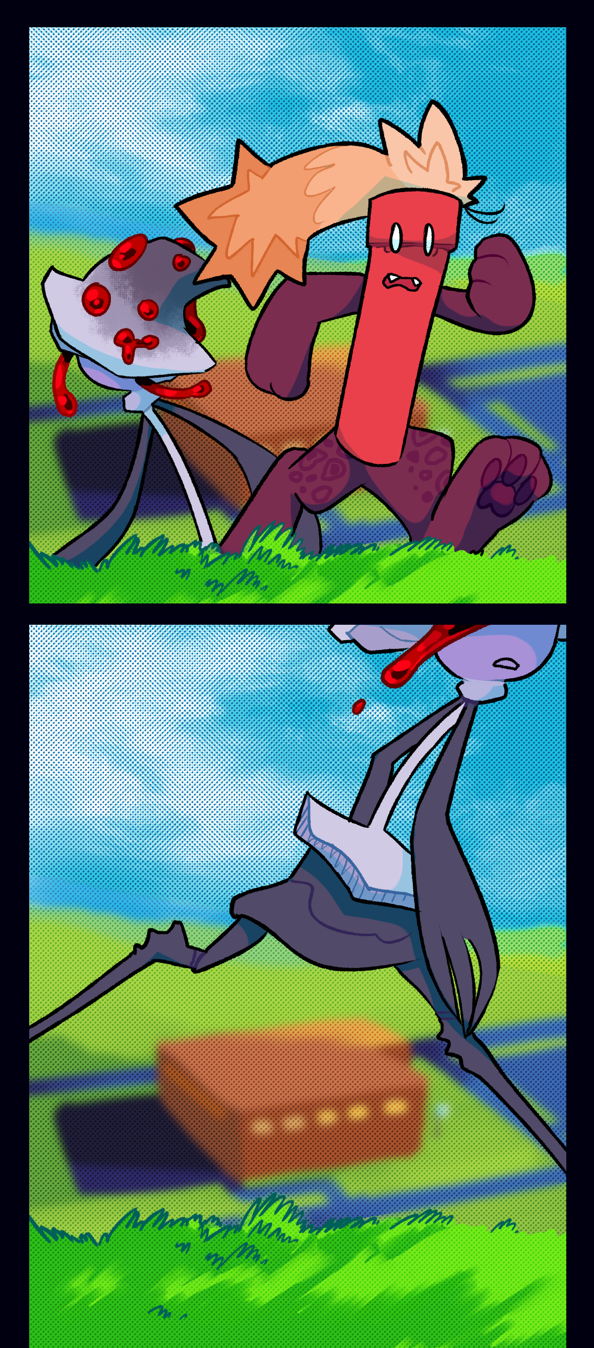 
Mushroom and Dynamite run away from the school building, up the grassy hill and into the field.