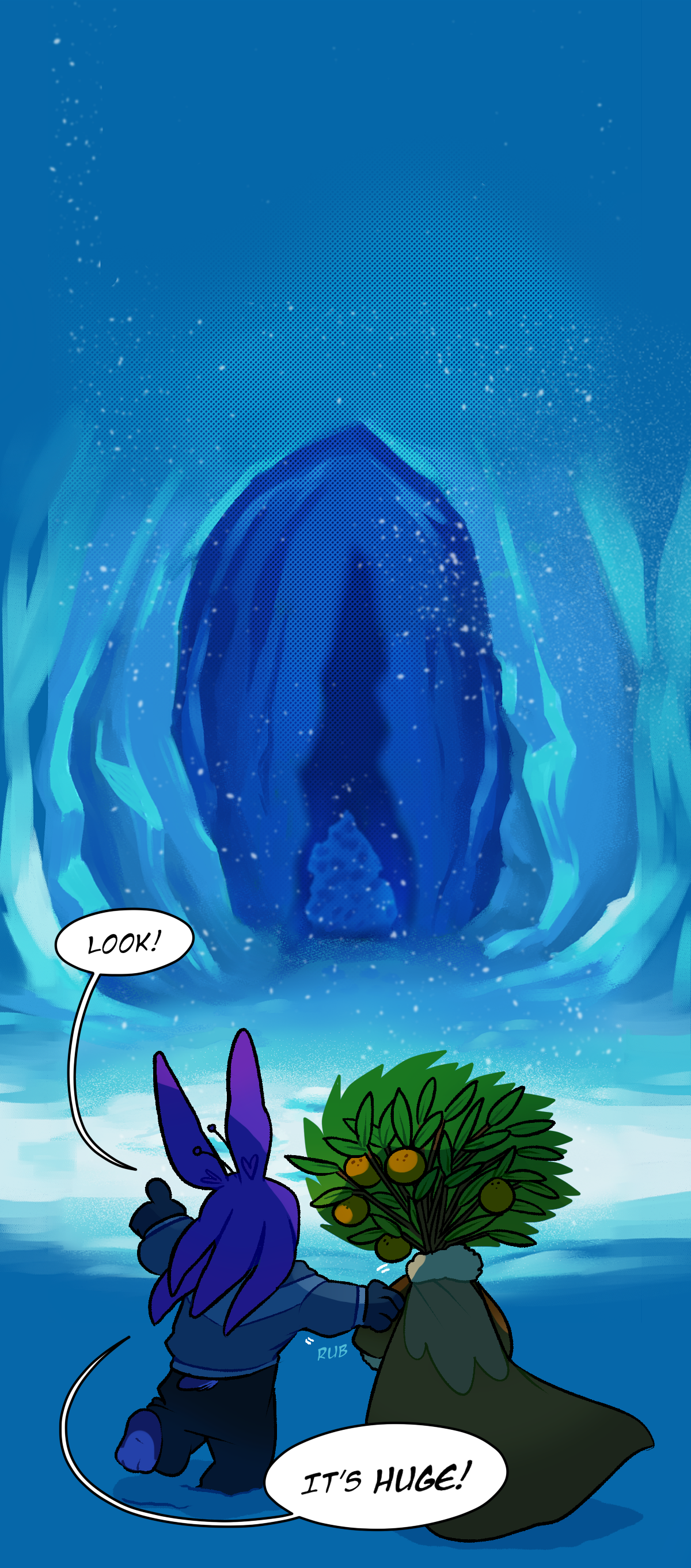 Harebell says, Look! He points to the distance, where a spawning stone is nestled between icy walls. Harebell says, It's huge! Where Harebell touches Cala's arm, text says rub.