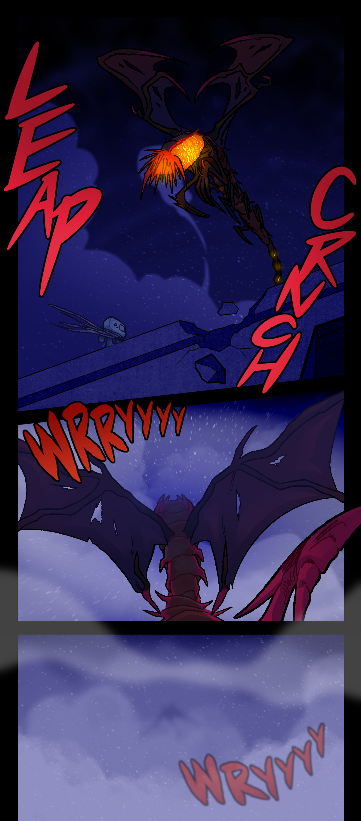 She leaps from the edge of the building, destroying the concrete. Text says leap and crunch as debris falls down below. Hokkaido stands still staring in shock. Assimilated Dragonscale shrieks again and again as she disappears into the clouds below, flying away.