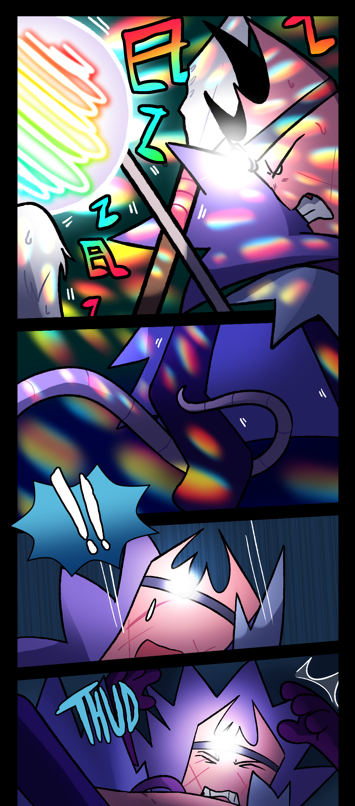 Gum and Wanda continue fighting, where Wanda wraps her tail around Gum's ankle and pulls her to the floor. Text says thud.