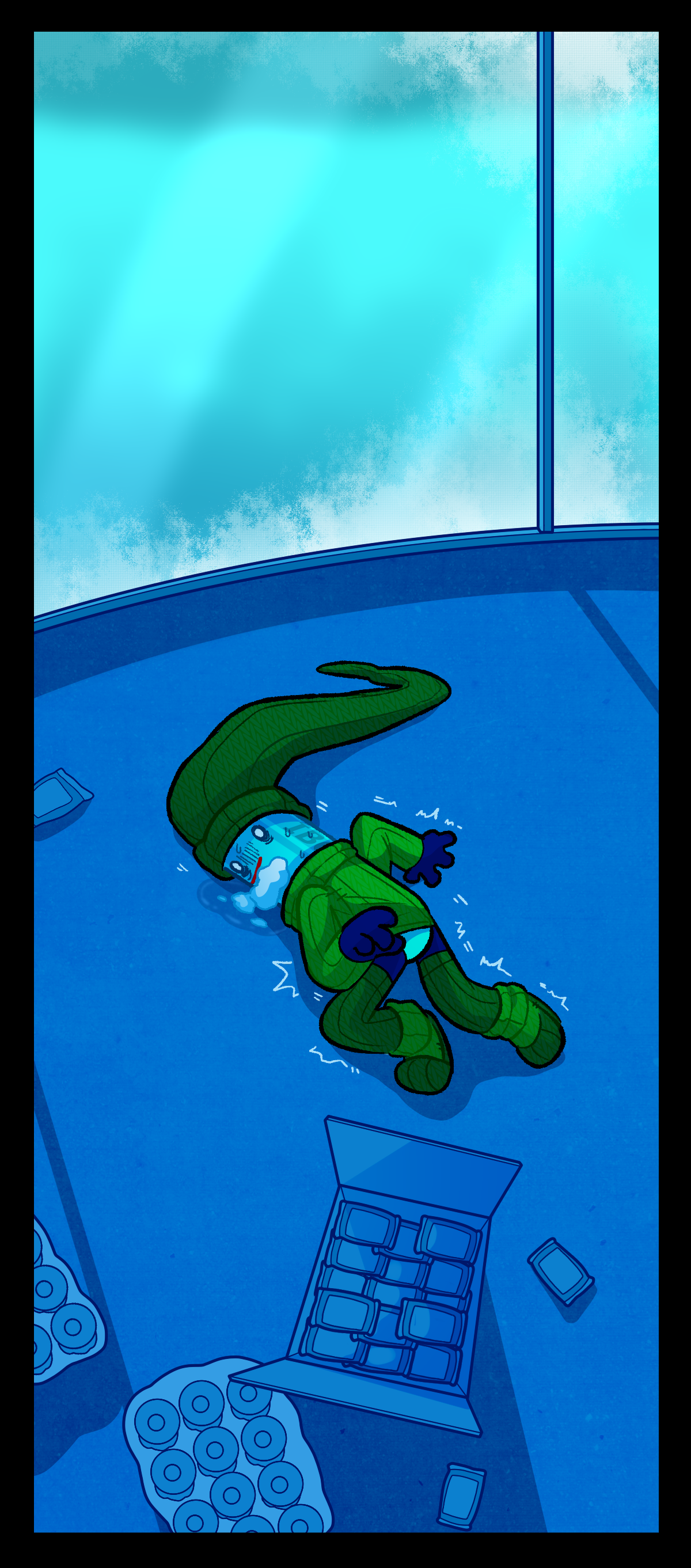 The next page cuts to Painkiller alone and spasm-ing on the floor, sweating, foaming at the mouth, and bleeding from the nose. The color palette is also completely back to normal. There is an open box of some kind of food bar by their feet, and plastic packaging at the corners of the panel. A puddle is forming beneath their head