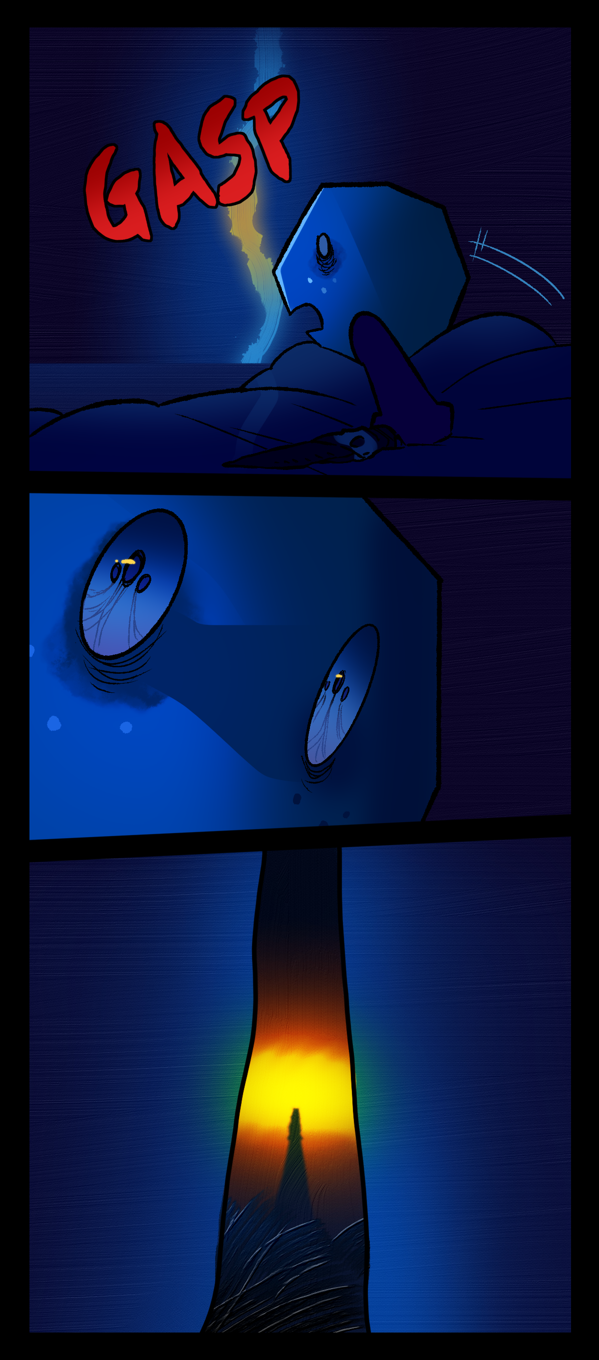 Comet sits up quickly in her tent, gasping loudly. The tent entrance is painterly and warped and exudes a warm glow. Comet stares through it, apparitia still affecting her irises in the close up shot of her face. Comet can see the fire and a figure standing in the far distance