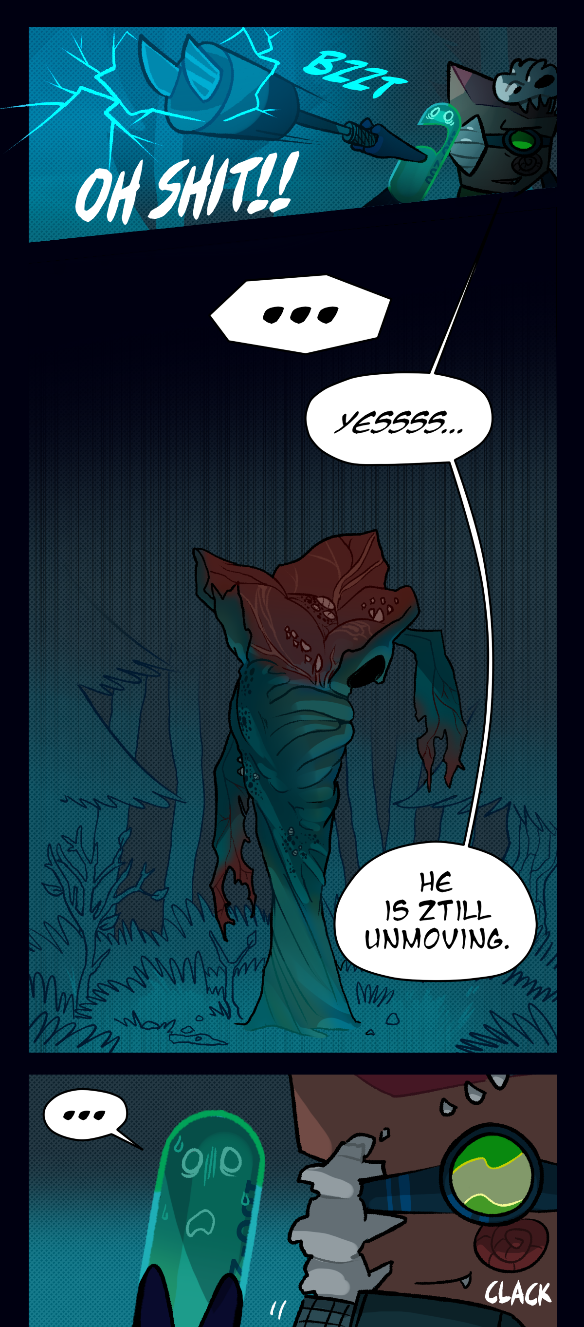 Painkiller screams, Oh shit! whipping the stun baton out in front of them as they spot Carrot. Fossil, grinning, hisses, Yes, he is still unmoving. The next panel shows assimilated Carrot, a green mass rooted into the forest floor and twisting upward. The mass opens up at the top into a red, vein-riddled flower-like shape, with torn leafy arms coming off it at off angles. Painkiller is speechless, but Fossil is smiling, loading a net gun with a clack sound.