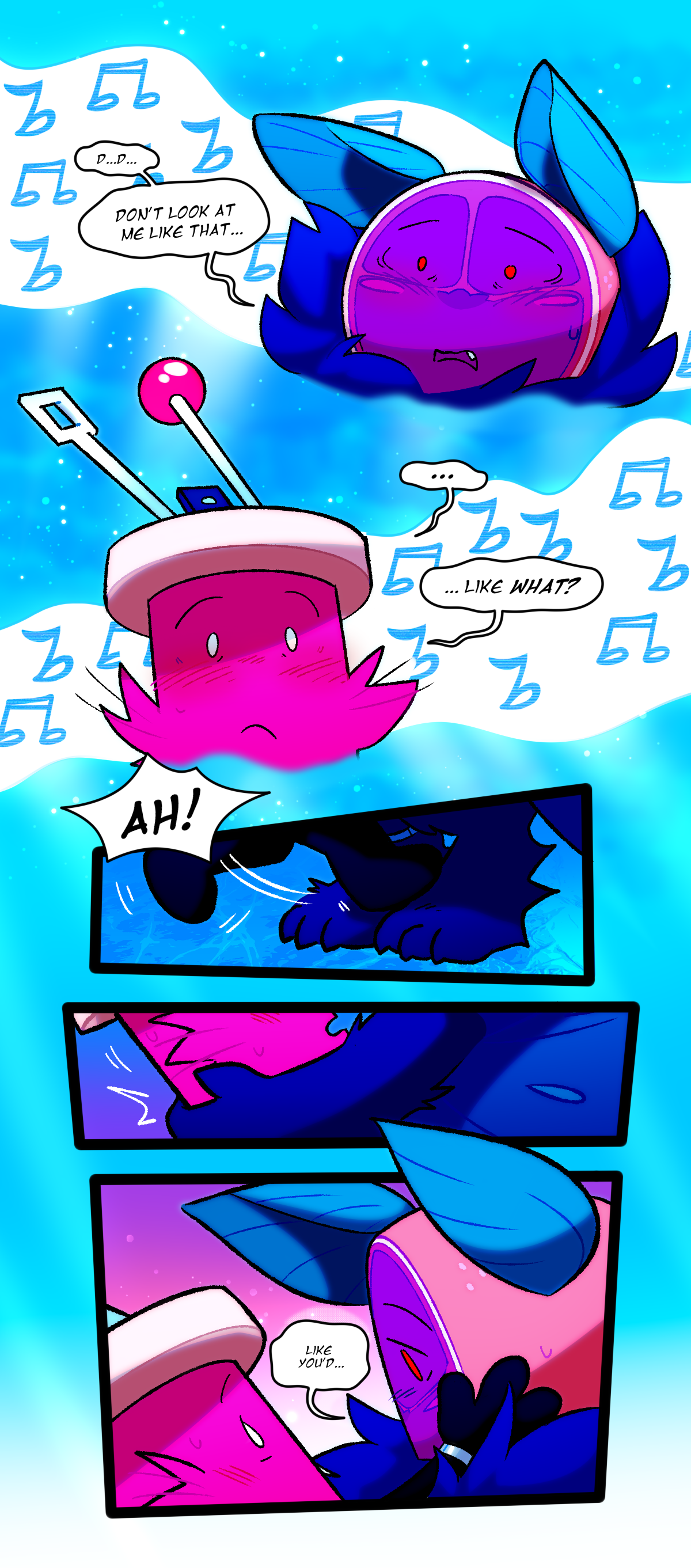 Citrus stammers, Don't look at me like that. Spool asks, Like what? Spool slips, falling backwards and yelps. Citrus catches him before he can fall and pulls him close. Citrus says quietly, Like you'd.