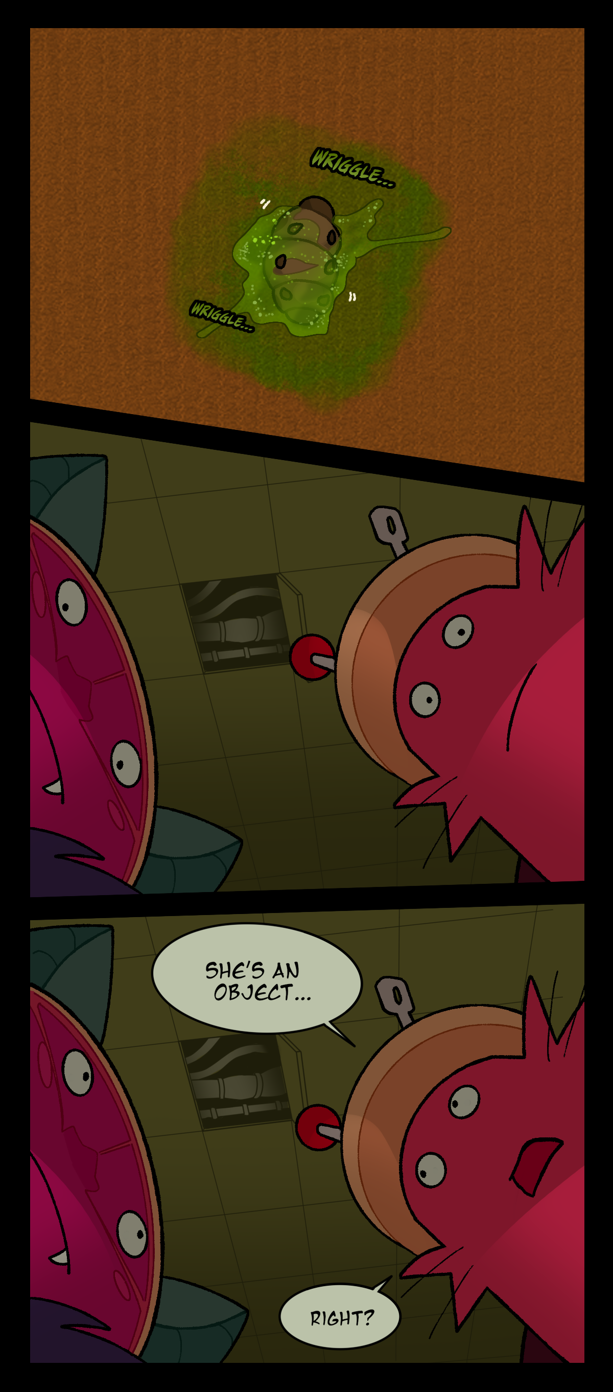 The parasite squirms on the carpeted floor. Text says wriggle wriggle. Citrus and Spool stare down at it, then at each other. Spool asks Citrus, She's an object, right?