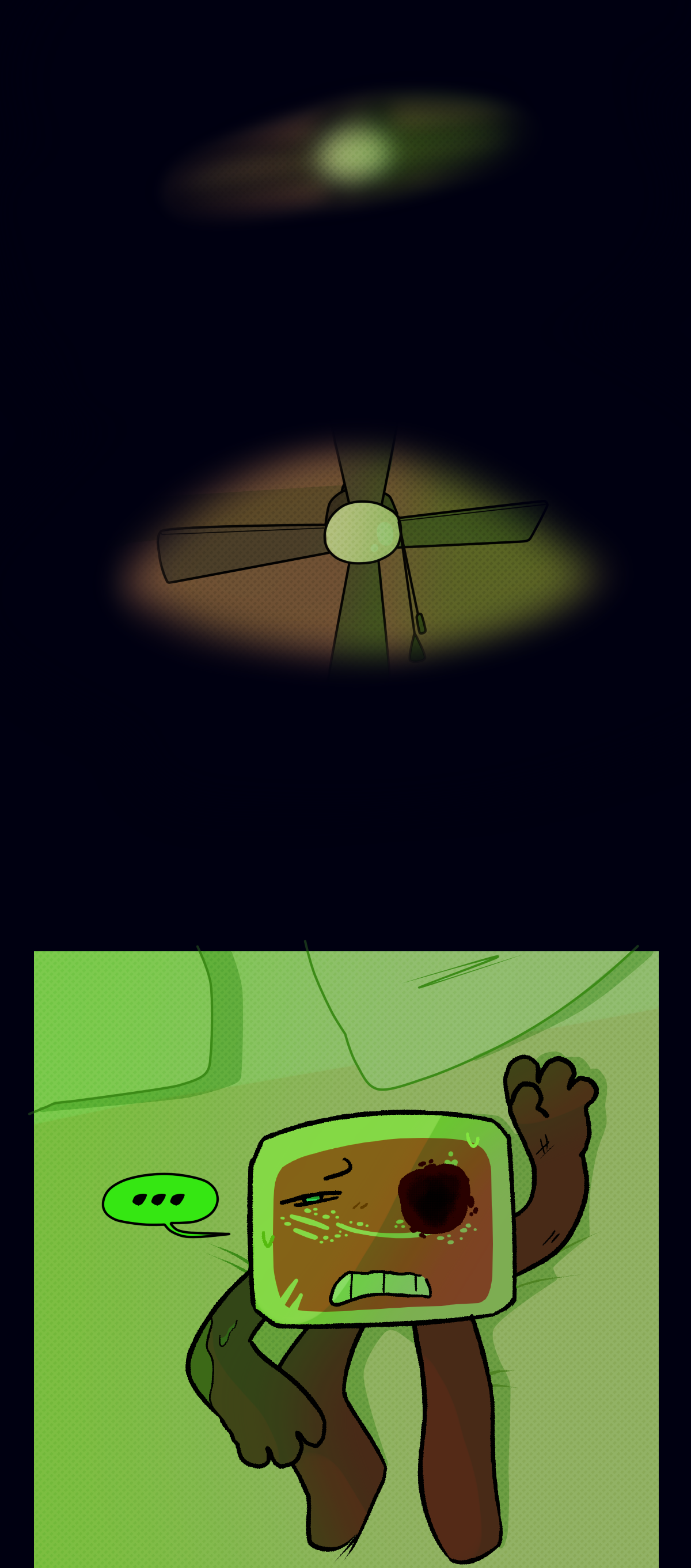 Hokkaido's eye opens slowly to see a ceiling fan. He wakes up, back in the bed and covered still in some slime.