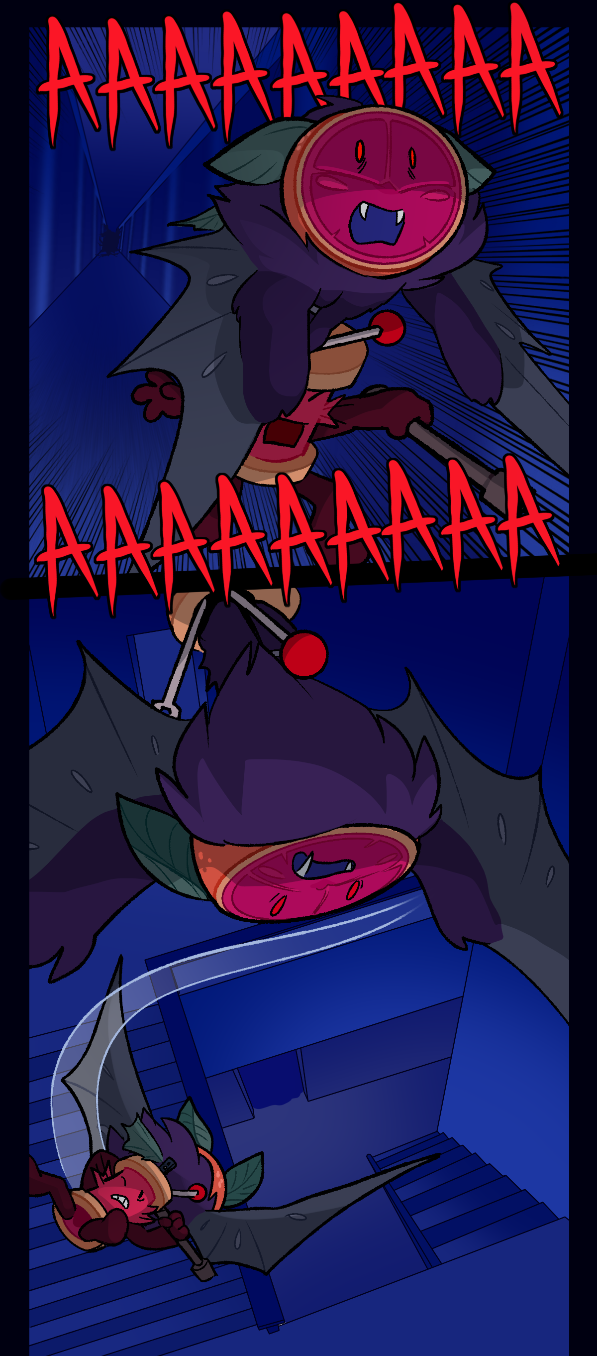Both screaming, Citrus grabs Spool and flies away, back into the stairwell and downstairs.