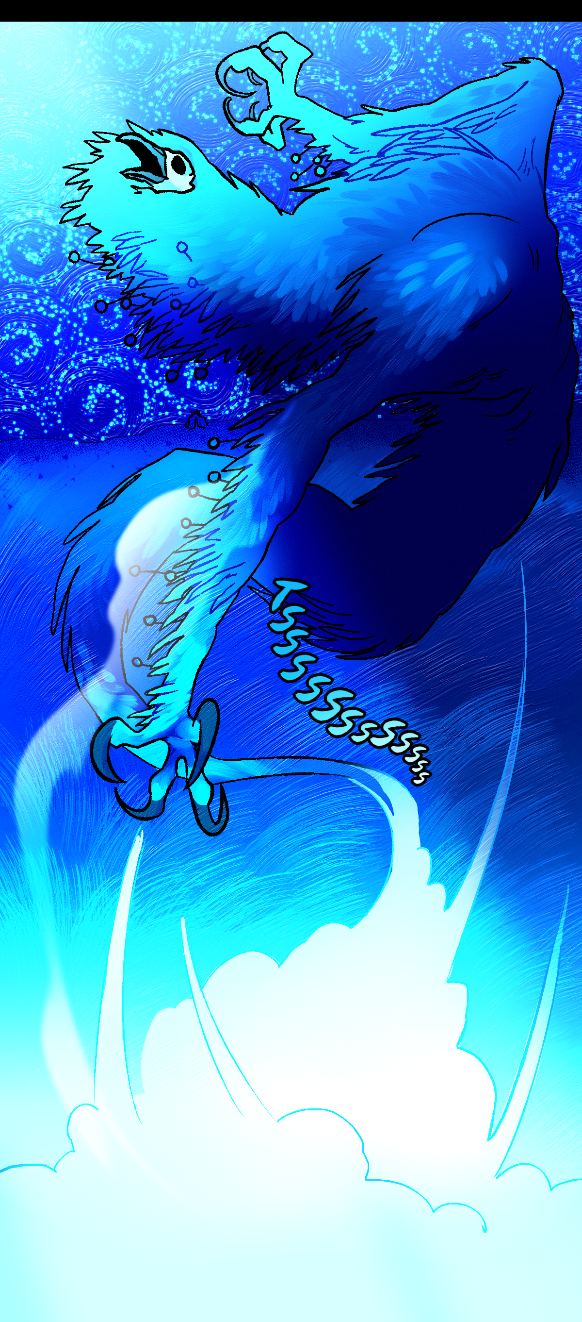 The Nightcrawler then leaps backwards, away from the bright light. In a panicked state, its body has more defined shoulders, back, and some ribs showing. The jade beads attached to its body can also be seen as it throws itself backwards. The light touches its arm, burning it. The text describes the sound of hissing burning flesh.