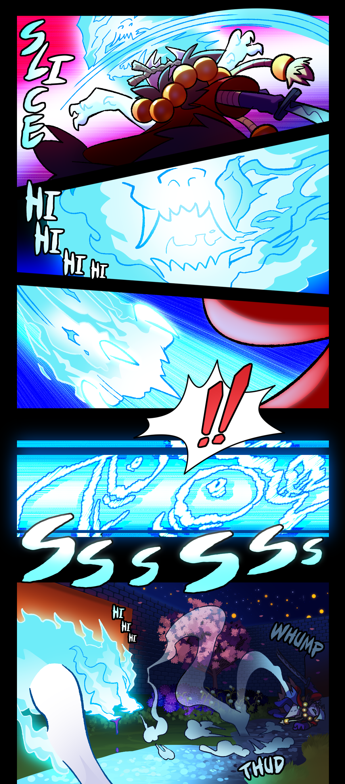 Gum slices through Wick's face. Text says slice. Wick's face reforms quickly as she giggles. Wick lashes out with her clawed foot to strike Gum on her side. Gum is drawn stylistically blue and white to represent searing pain. She's sent flying backwards away from Wick. Text describes Wick's giggling and the sounds of Gum hitting the ground and tumbling away.