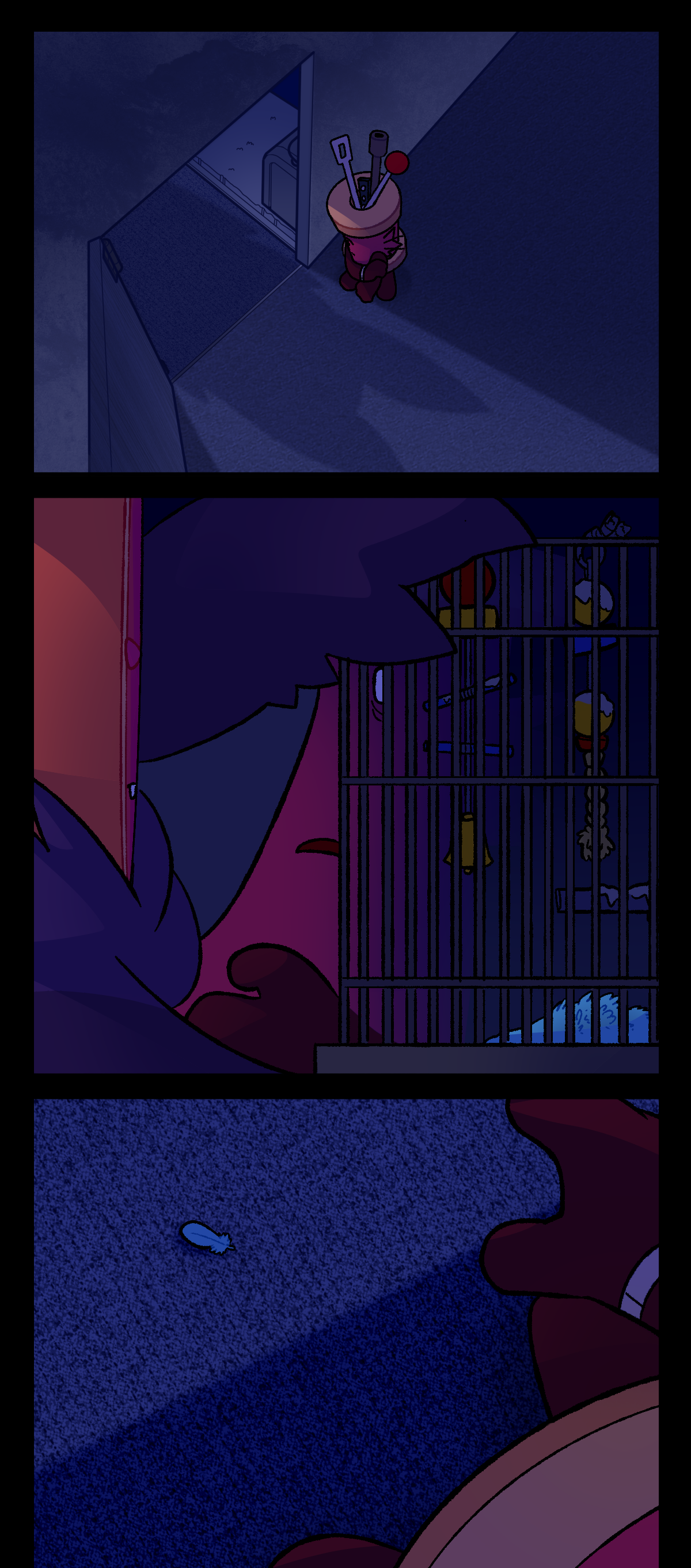 Spool stands outside of the open door as Citrus approaches him from inside. Citrus' shadow casts across the carpeted floor. Citrus carries a dirty bird cage past Spool, which Spool stares at in shock. Inside of the cage is a dead bird, and everything inside is covered in bird droppings. From Spool's perspective looking down, a single small blue feather rests on the floor.