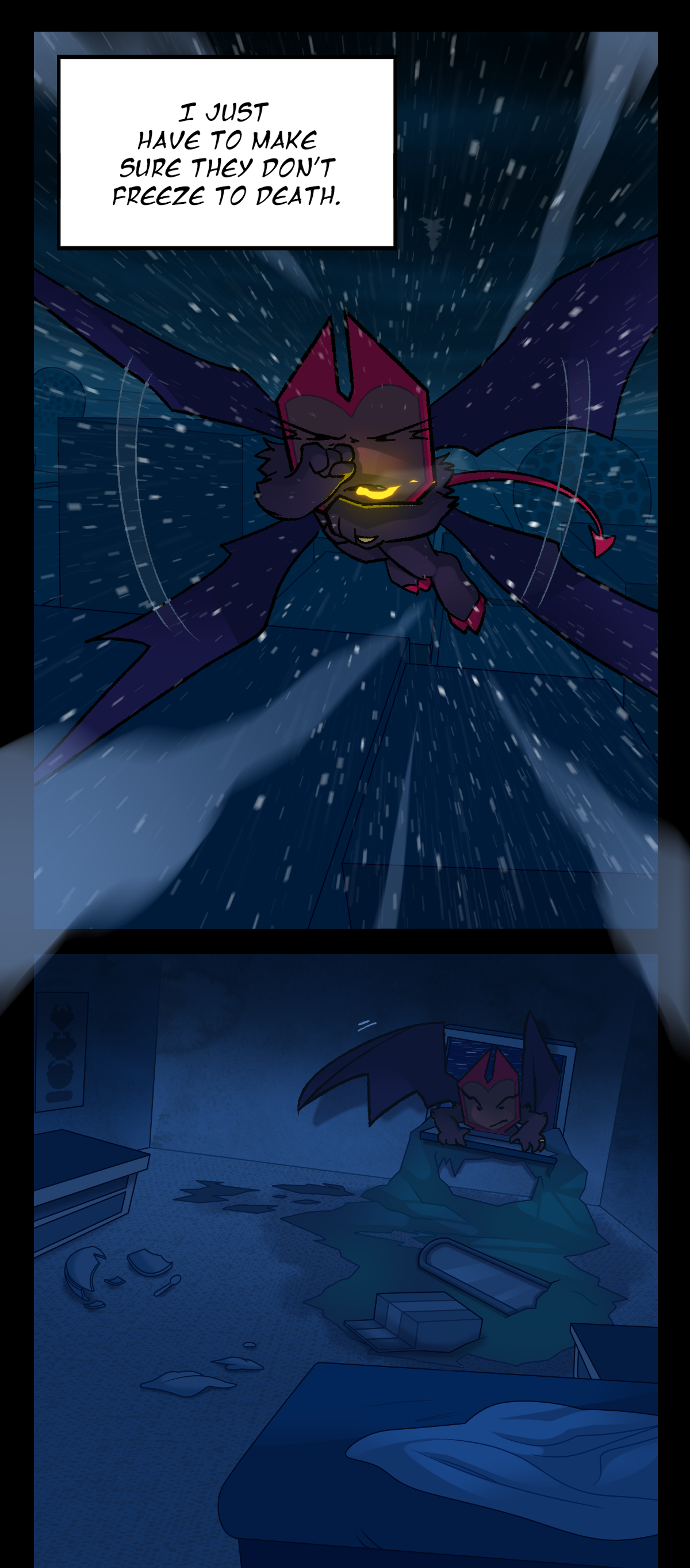 Dragonscale continues, saying, I just have to make sure they don't freeze to death. She continues flying over the city, trying to shield her face from snow and winds while threespines and some parasite hives can be seen in the background. Dragonscale enters another building through an open window. Notably, the room is familiar.