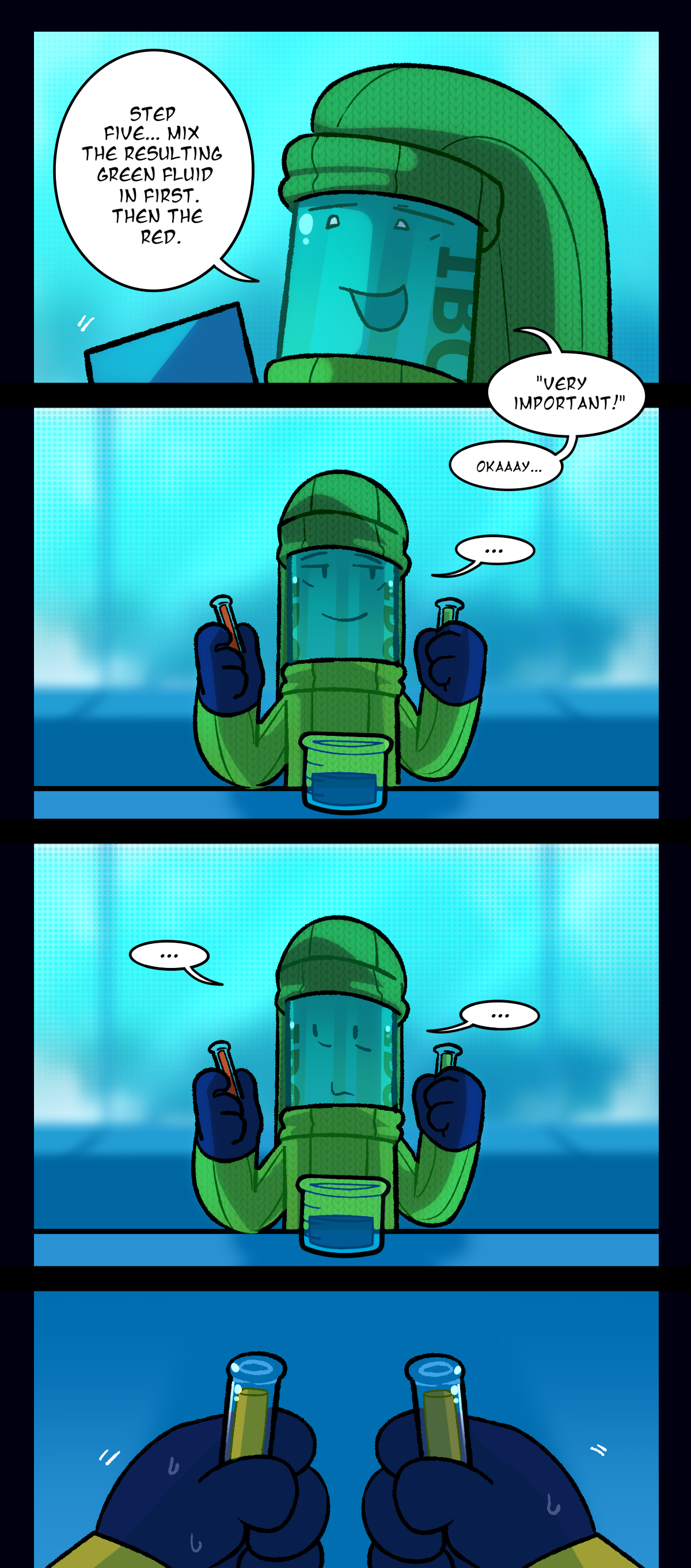 Painkiller continues, Step Five, mix the resulting green fluid in first. Then the red. Very important. Okay. They pause for a moment, staring at both vials of fluid in their hands. Suddenly, they look disturbed, and the next panel is a shot of their hands holding the vials from their perspective, labeled Colorblind POV.