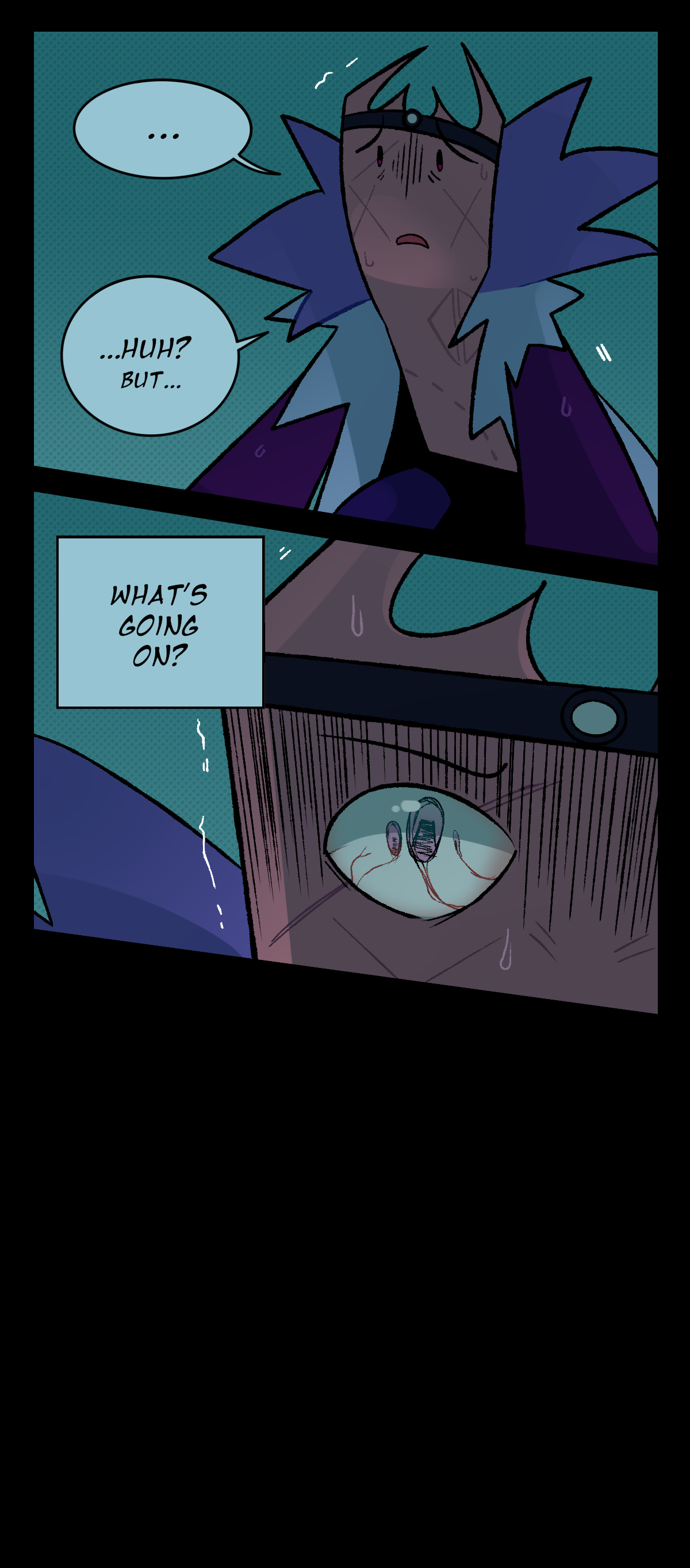 Gum looks distraught, shaking. She asks, huh? But. She thinks to herself, What's going on? A close up shot of her right eye reveals that she now has three irises. Gum has advanced into Apparitia.