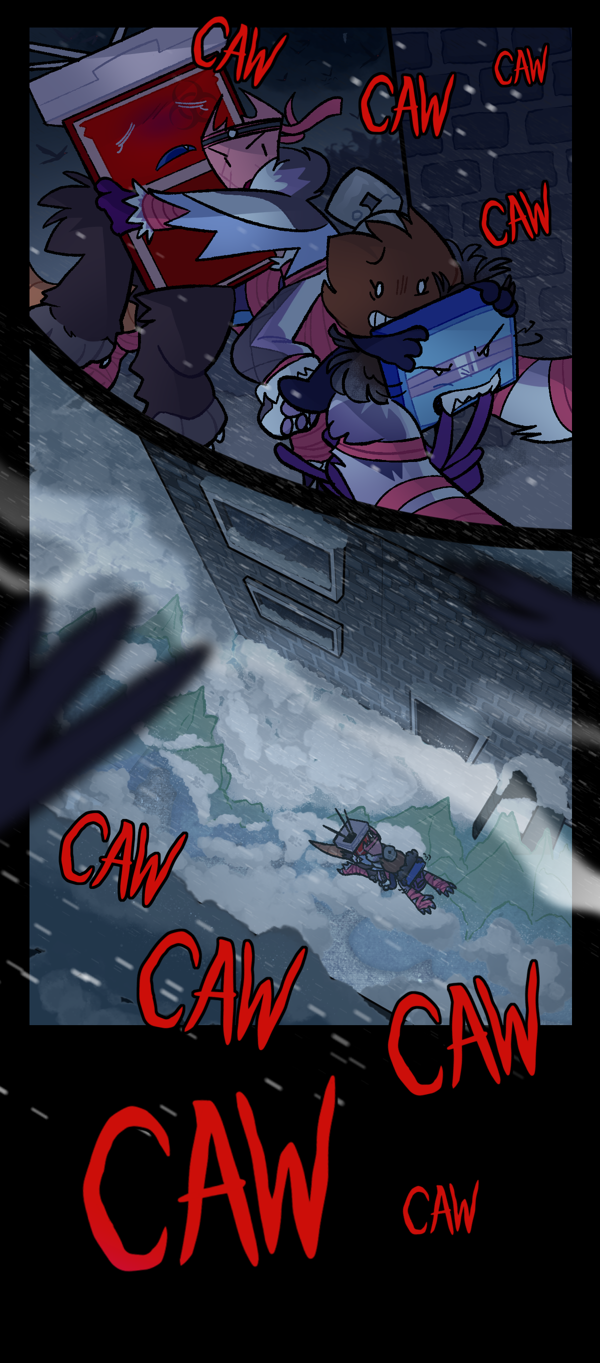 Razor is carrying Fuzzball, Gum, and an unconscious Sharps through the city streets, text reading, Caw, surrounding them. There is a top-down shot of her running down an alleyway, leaving pawprints behind her in the snow. The blurry wings of crows can be seen soaring overhead. The page goes dark.