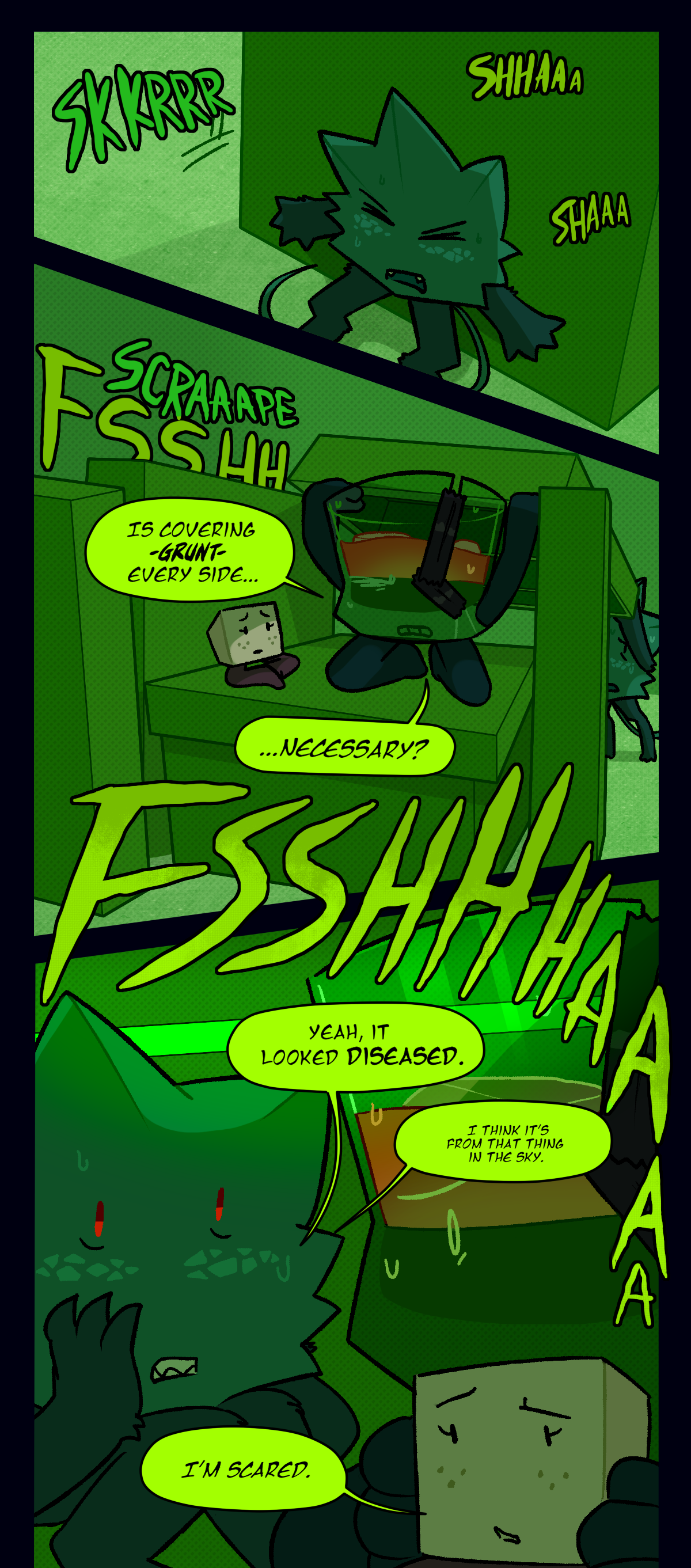 Text describes the sounds of rain and pushing and scraping as they move shelves together to form a small shelter. Brandy asks, is covering every side necessary? He grunts. Minty says yeah, it looked diseased. Minty whispers to Brandy, I think it's from that thing in the sky. Sugarcube says, I'm scared.
