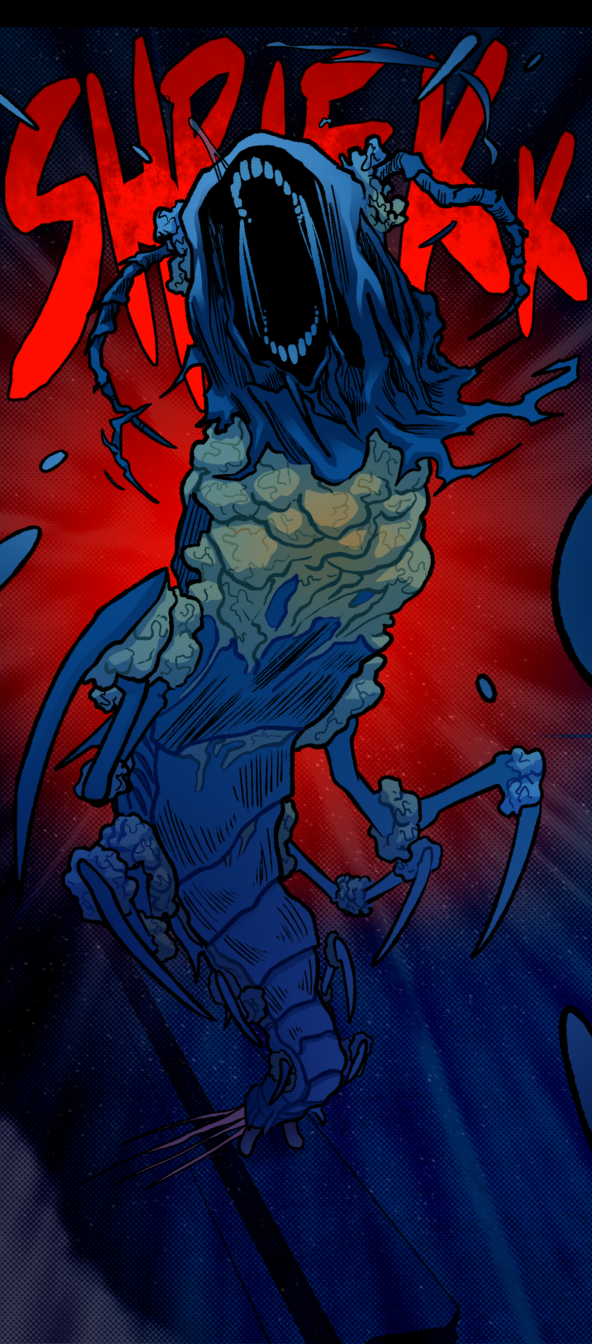 His body expands upwards, resembling a large centipede covered in fatty deposits. He screams in anguish.