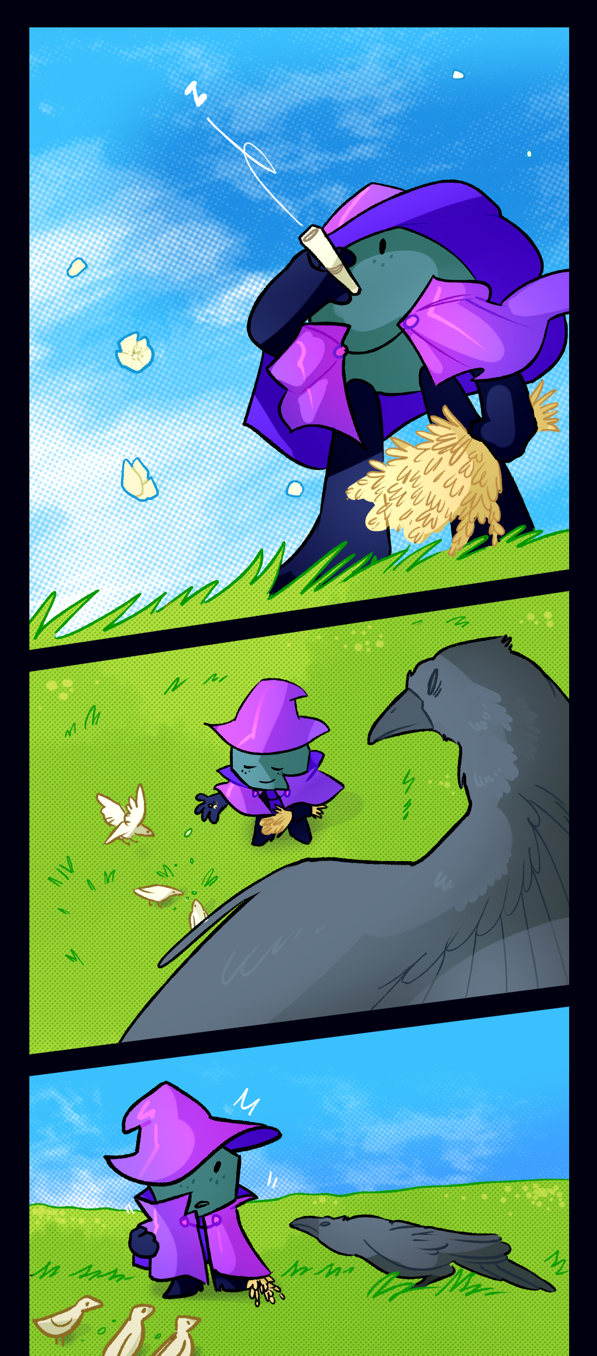 Holding a bushel of grains, Comet blows a single note on her flute, calling a small flock of white doves to come eat. As she feeds them, though, an unusually large crow comes down from the sky, landing next to her and studying her.