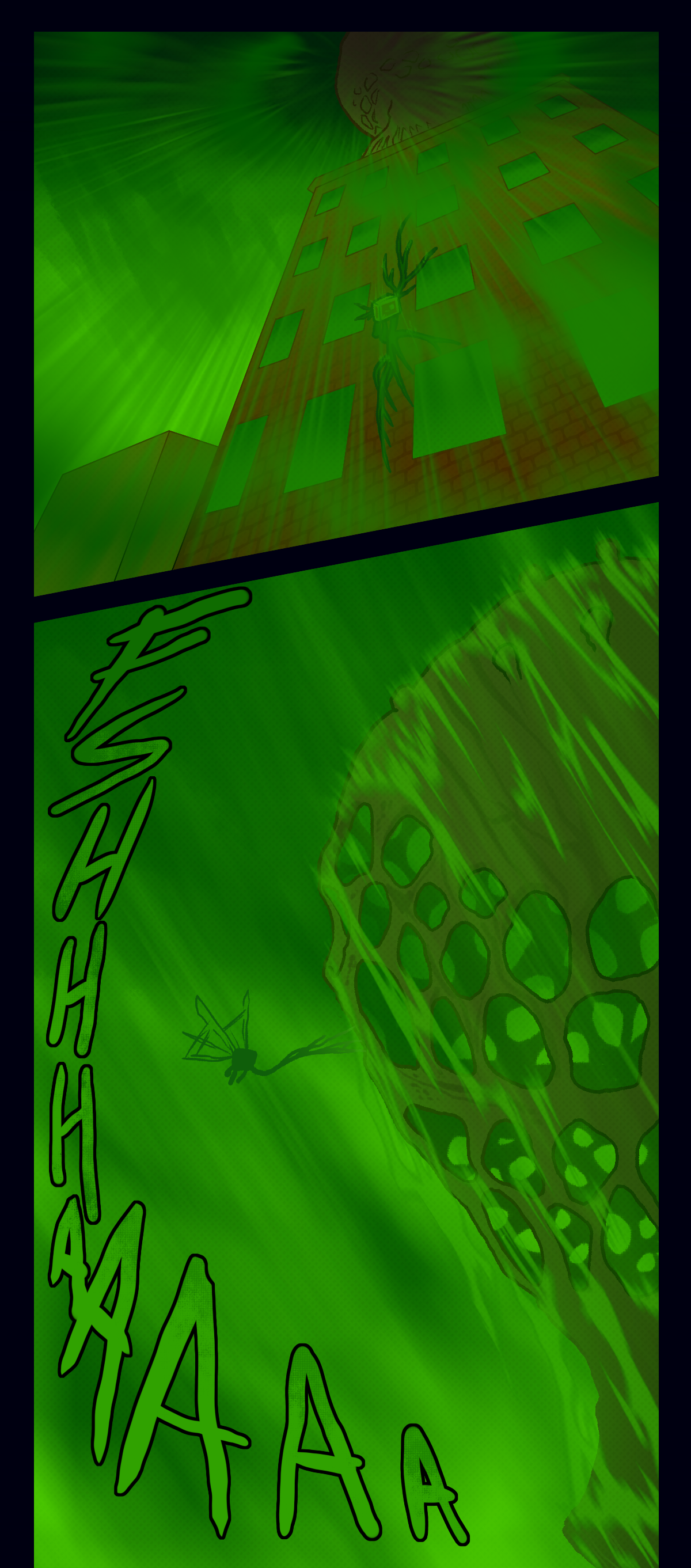 Hokkaido continues to climb as wings sprout from his back. On top of the building is a hive. Text describes more loud rain as Hokkaido flies up to the hive and reaches out to it.